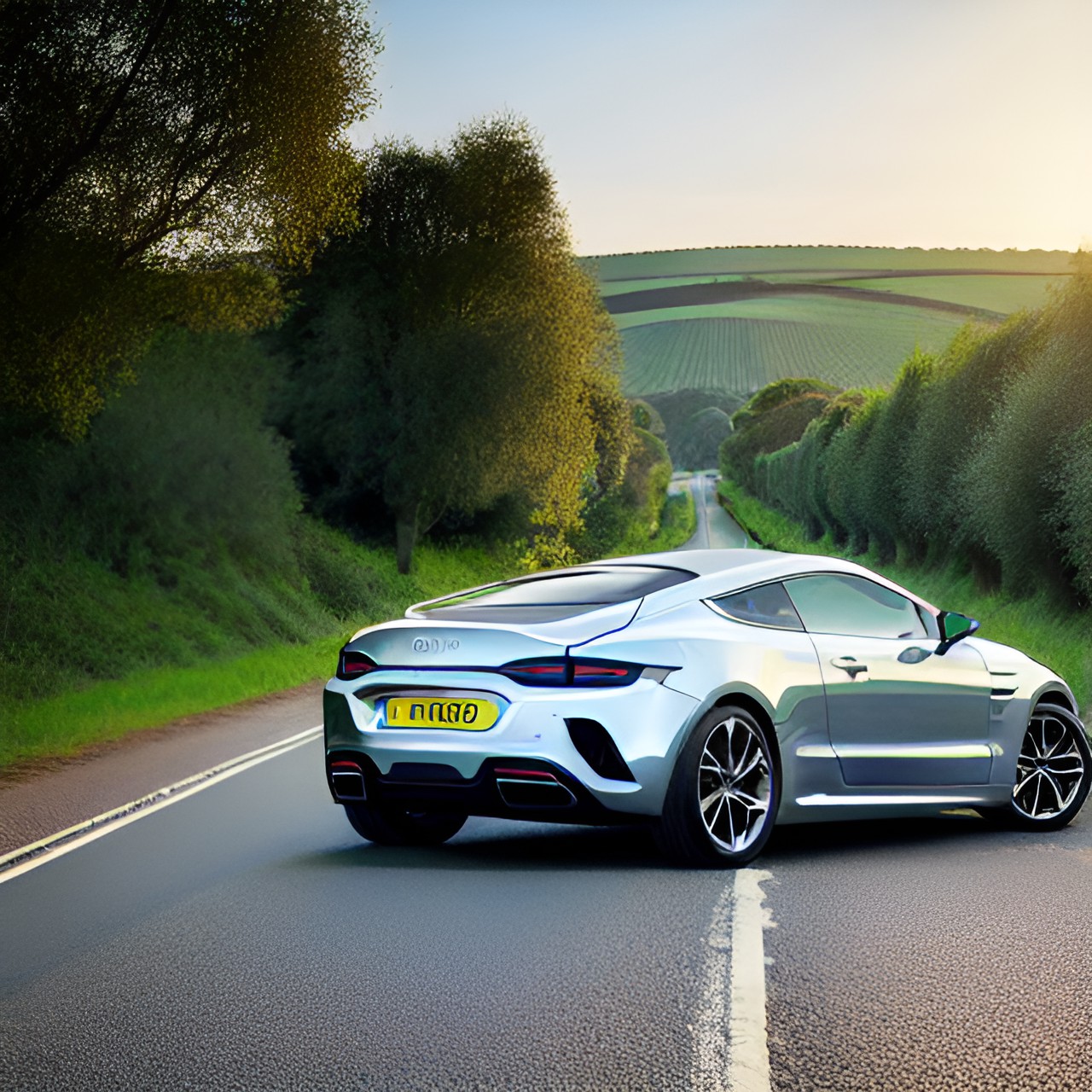 Countryside - car driving down a road in the countryside. the sun is shining and the sky is blue. the car is a sleek, silver sports car. preview