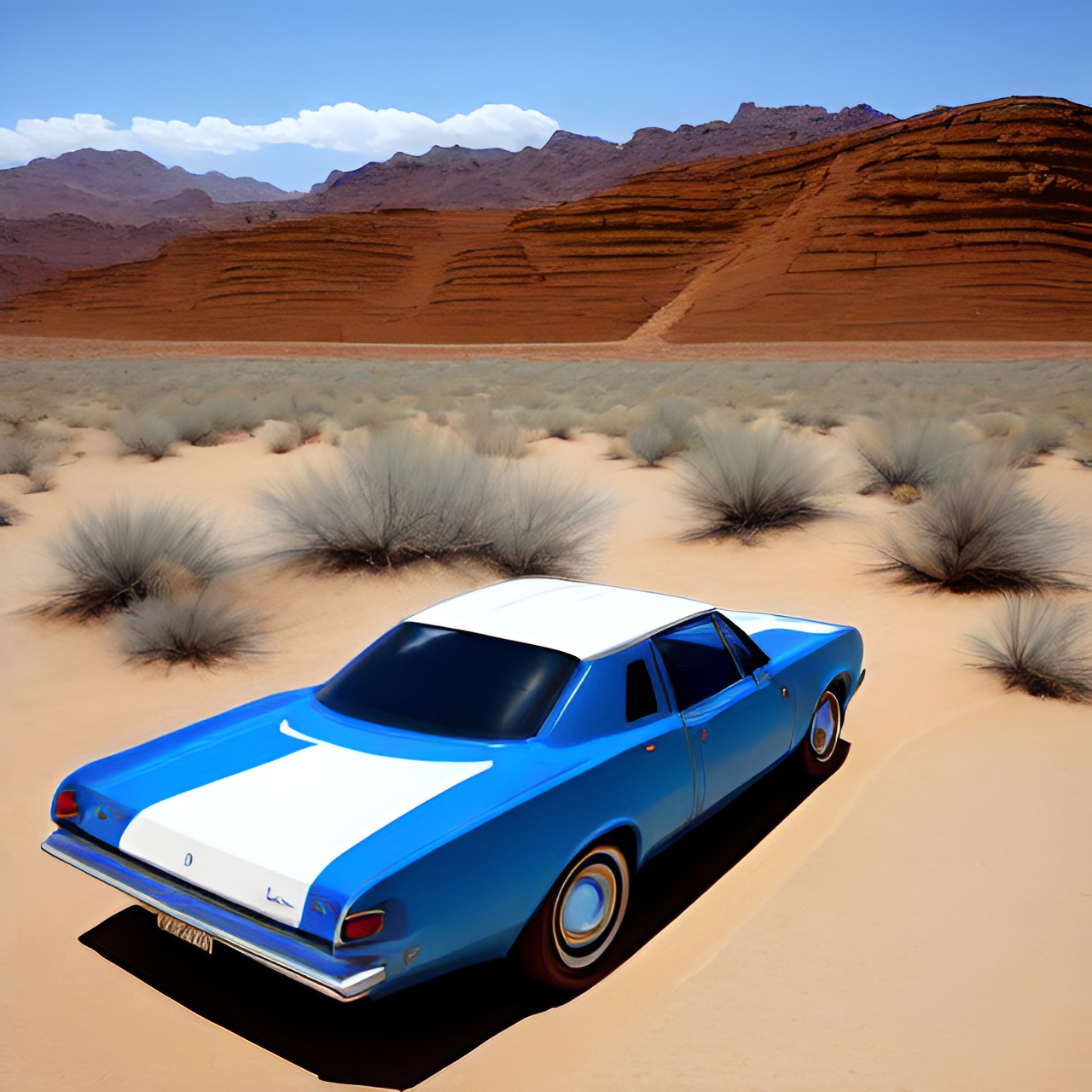 Car in the desert - desert oasis with car - desert oasis with a car in the middle of the sand. the car is white and has a blue stripe down the side. the background is a blue sky with white clouds. preview