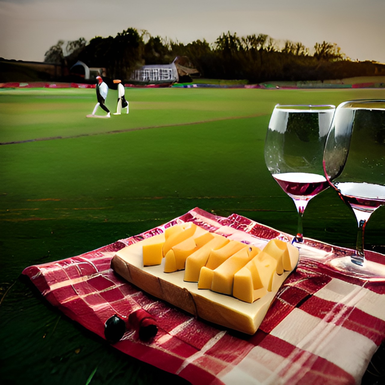 cheese Nd wine - game of cricket being played and cheese and wine in the foreground preview