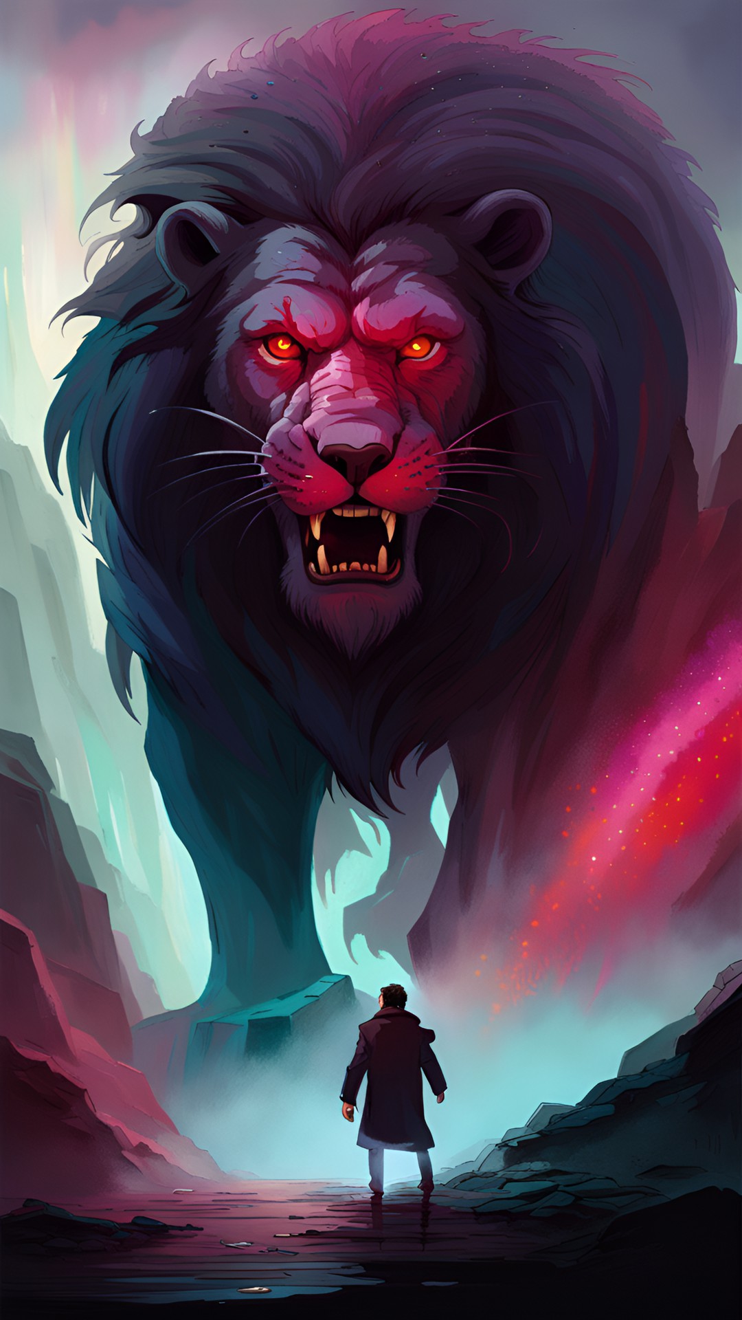 a giant lion with red glowing eyes looms out of the fog, dwarfing the tiny person in front of it. the lion looks dangerous preview