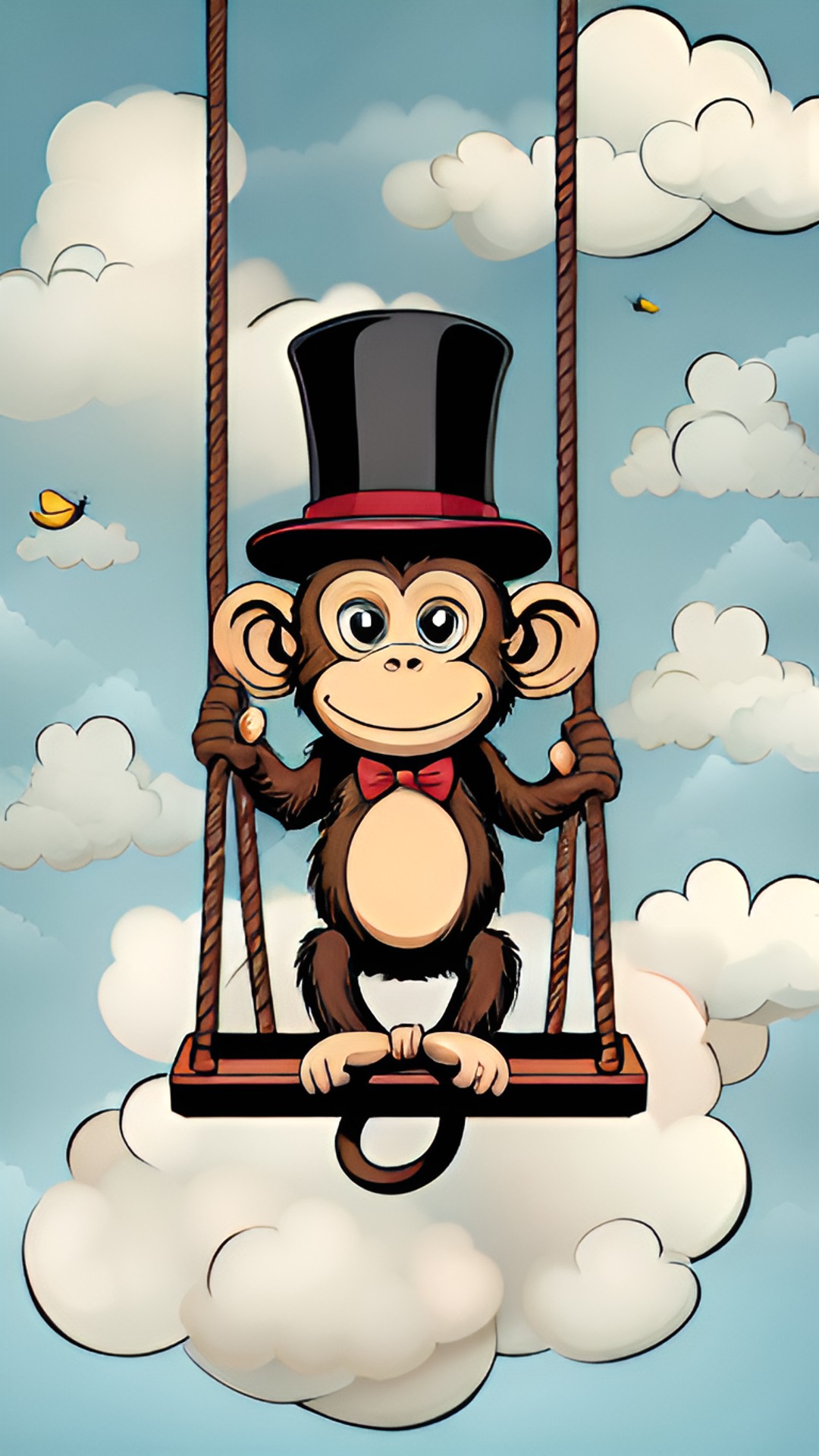 monkey with a top hat in the clouds on a swing preview