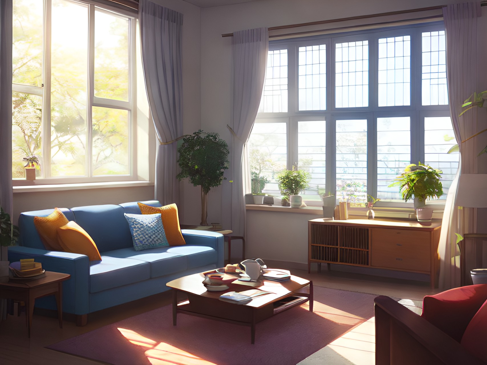 a living room where the morning sun shines from outside the window. preview