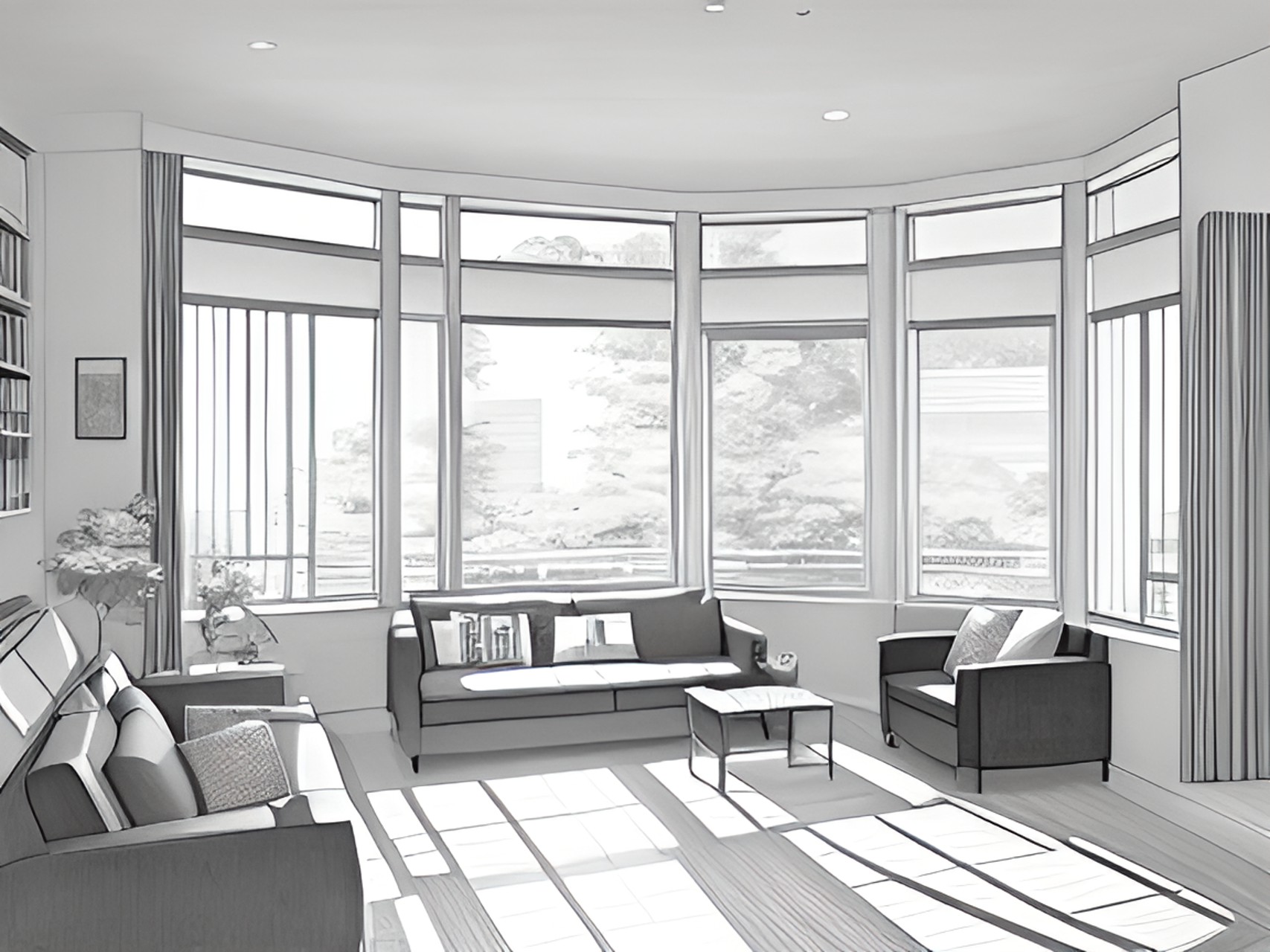 a living room where the morning sun shines from outside the window. preview