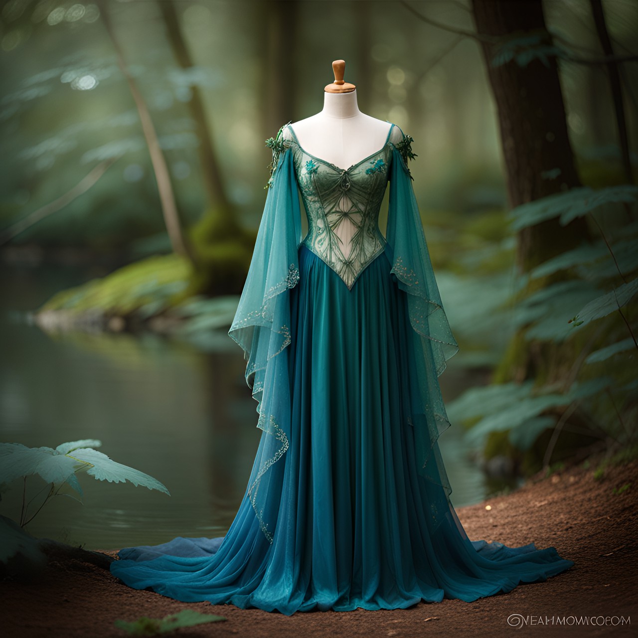 faerie queen gown:
description: the faerie queen gown is a masterpiece of enchantment. made from layers of flowing, iridescent fabric in shades of forest green and ethereal blue, it shimmers like moonlight on water. the bodice is adorned with delicate lace and embroidered faerie motifs, while the flowing sleeves mimic the wings of woodland sprites. preview