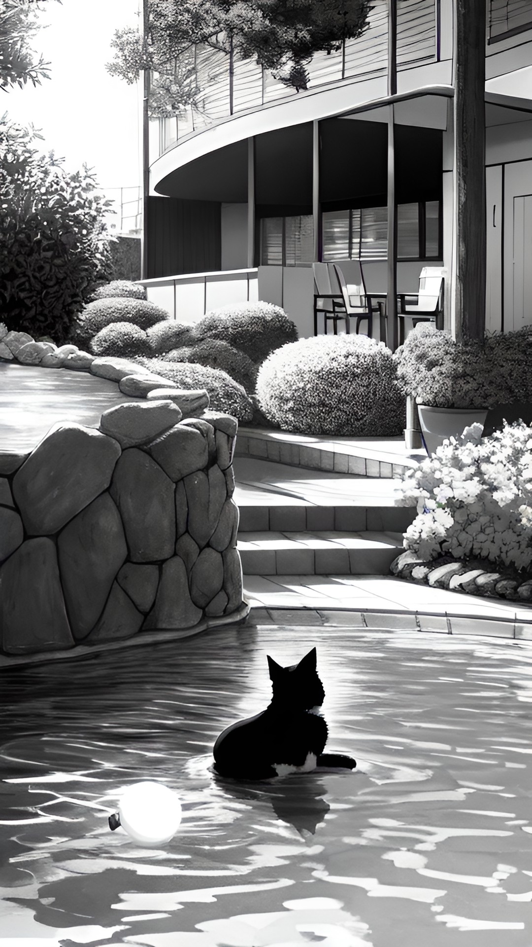 Chilling by the pool - black and white dog siting by a pool that has a cat in it preview