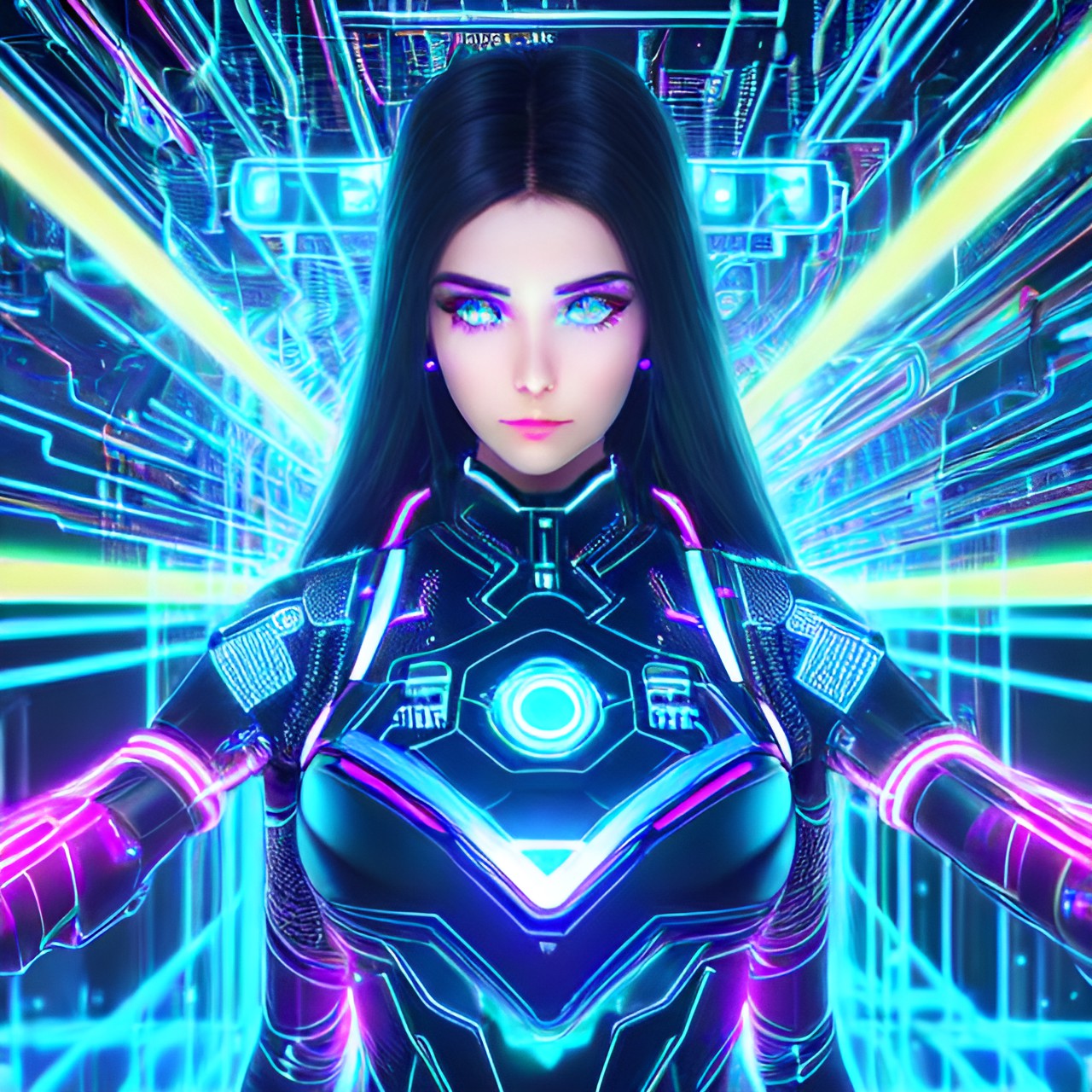 woman transforming into a computer, futuristic, cyberpunk style, glowing neon lights, dark background, electric blue color scheme, wires and circuitry intertwining with her body, digital particles and code floating around her, intense expression, determined eyes, flowing hair merging with data streams, cybernetic enhancements, mechanical arms preview