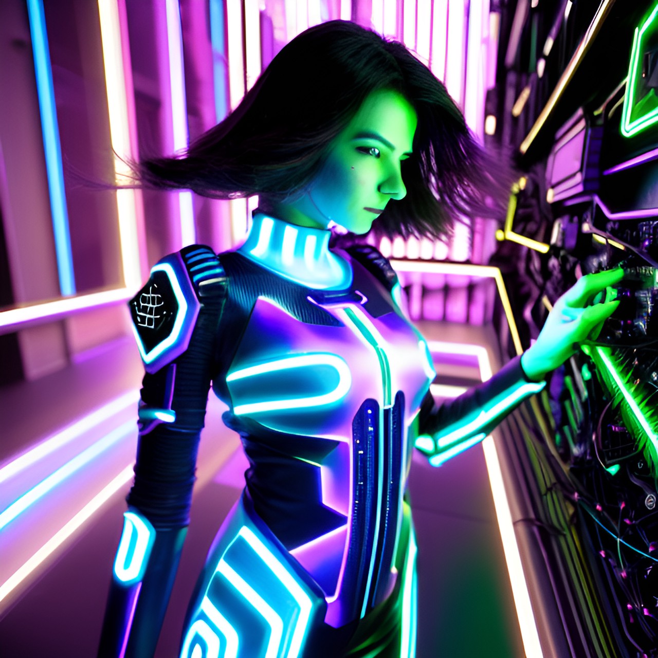 woman transforming into a computer, futuristic, cyberpunk style, glowing neon lights, dark background, electric blue color scheme, wires and circuitry intertwining with her body, digital particles and code floating around her, intense expression, determined eyes, flowing hair merging with data streams, cybernetic enhancements, mechanical arms preview