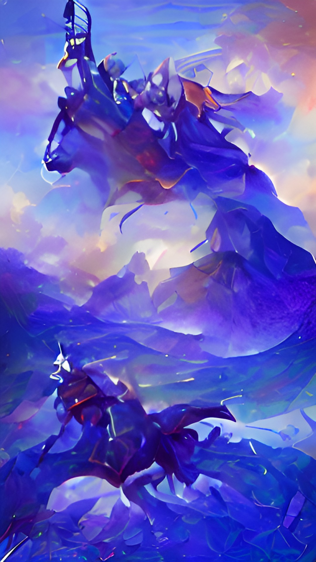 Top of the Hill - perched on the edge of the top mountain overlooking the kingdom and the lake, the honorable knight lancelot raises his lance high to the gods above, riding his horse as its front two hooves are raised to the sky. preview