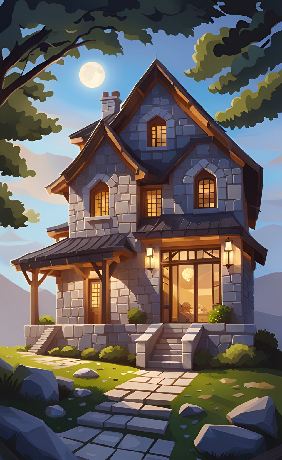 My Cozy Home - from the outside this house looks snug and comfortable. it has been built with white stones and has grey stone decorations. tall, large windows add to the overall look of the house and have been added to the house in a very asymmetric way. preview