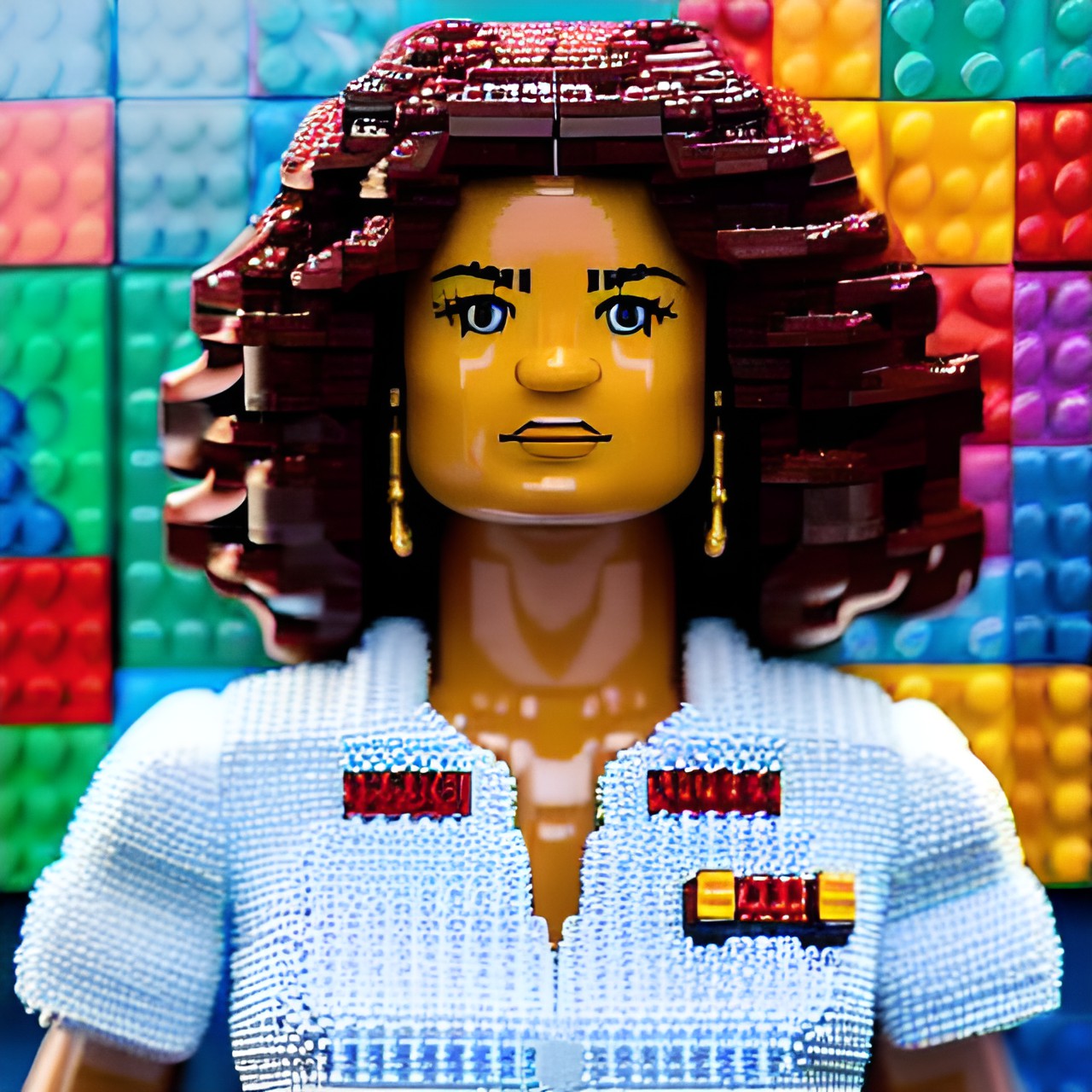 1 woman, solo, dream-like, lego figure, brick by brick, colorful lego pieces, transparent lego bricks, seamless transition, joyful expression, bright eyes, amazed, flowing hair, dynamic pose, lego background, lego structures, lego landscapes, fantasy setting, imaginative, imaginative, creative, imagination, bright lighting, shadows, depth, sense of preview