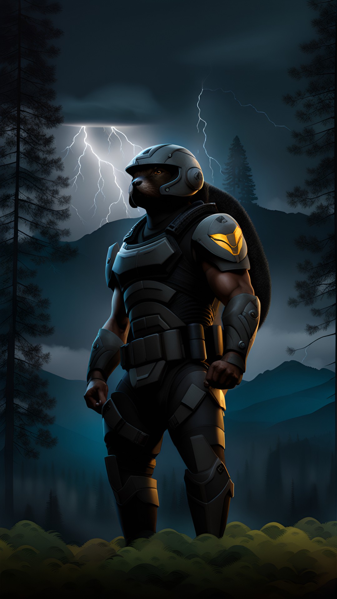 Lightning - black halo spartan, pine forest and mountain background, nighttime lighting storm with a otter preview