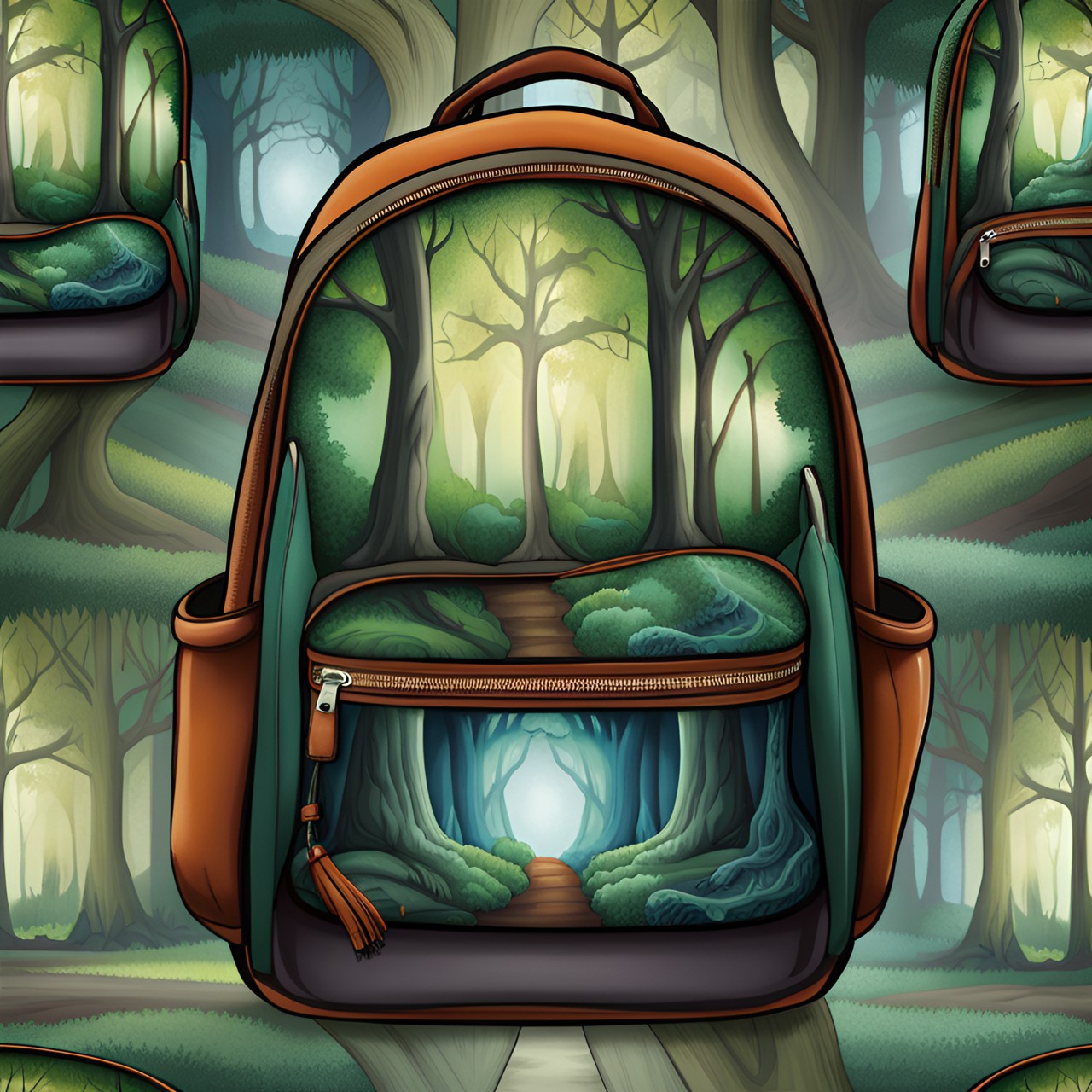 enchanted forest backpacks: stylish backpacks featuring artistic renderings of the whispering woods, equipped with multiple compartments for art supplies. preview