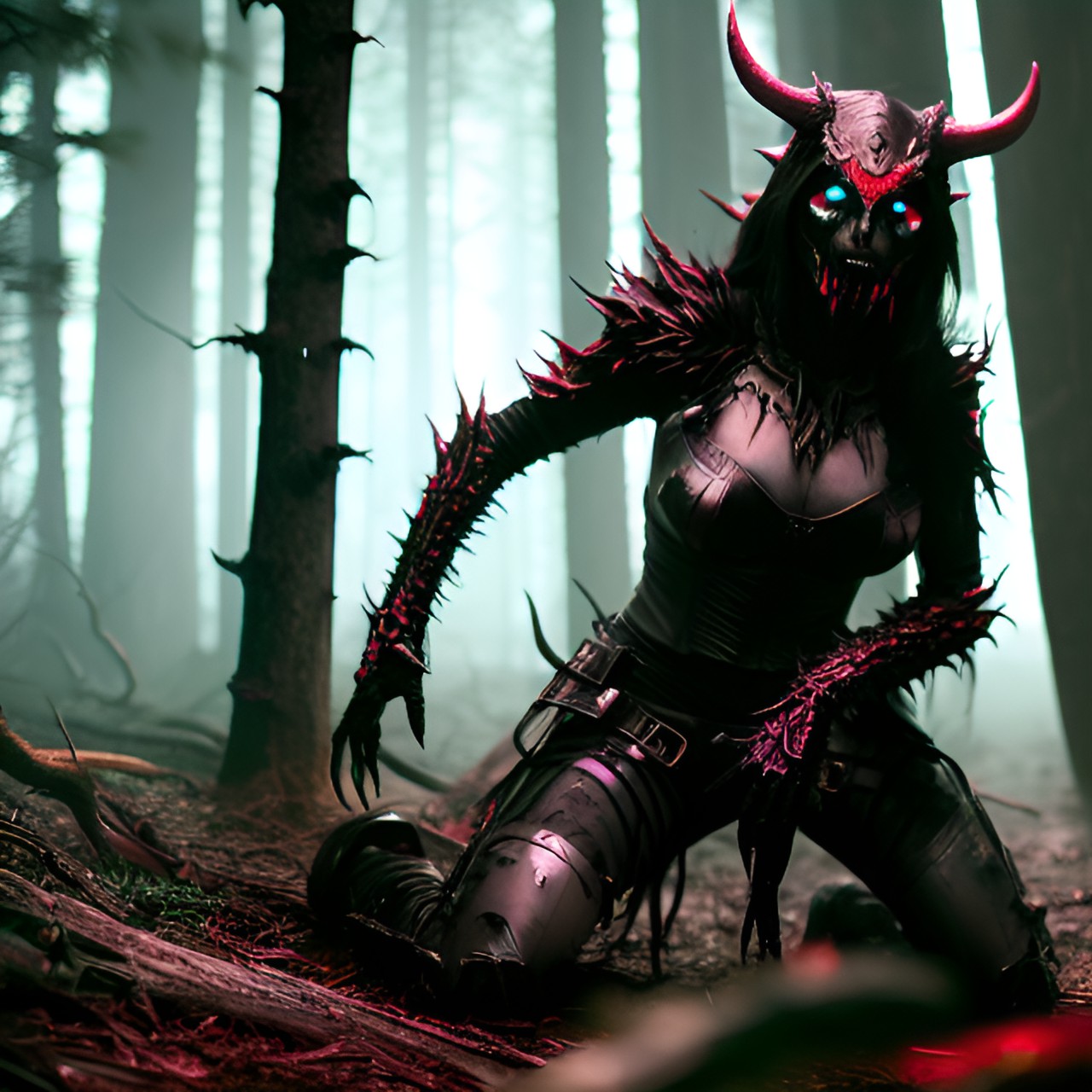 1 woman, solo, transformation, humanoid monster, sharp fangs, clawed hands, twisted horns, glowing red eyes, torn clothes, horrified expression, dark forest background, moonlight filtering through trees, eerie mist, shattered earth beneath her, dramatic lighting, dynamic pose, intense shadows, crouched position, veins bulging, nails elongated, mons preview