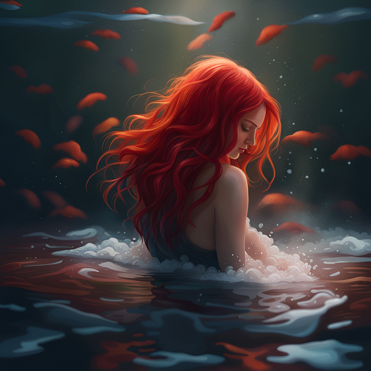 sensual red hair ninpha getting out from water with monet background style preview