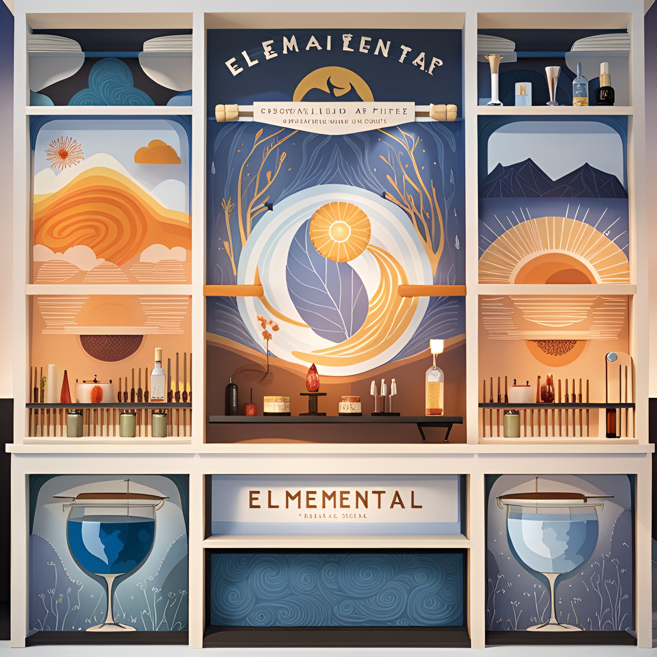 elemental bar: a bar specializing in elemental-themed cocktails with labels showcasing earth, water, air, and fire motifs. preview