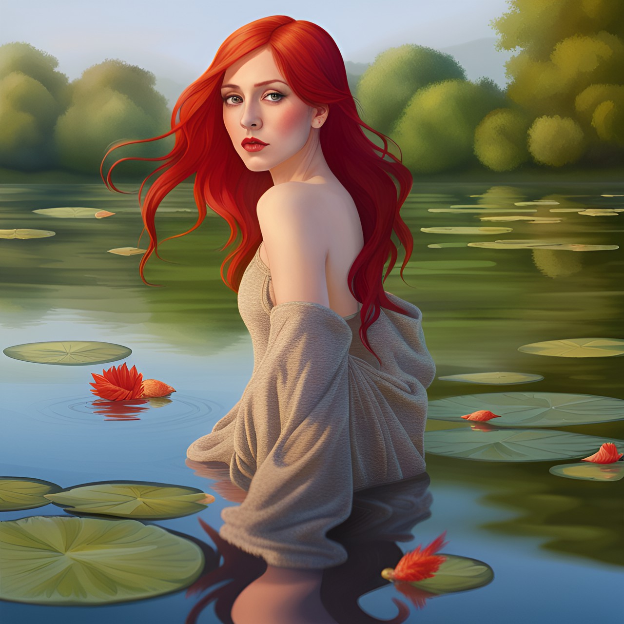 sensual red hair ninpha getting out from lake with monet background style preview