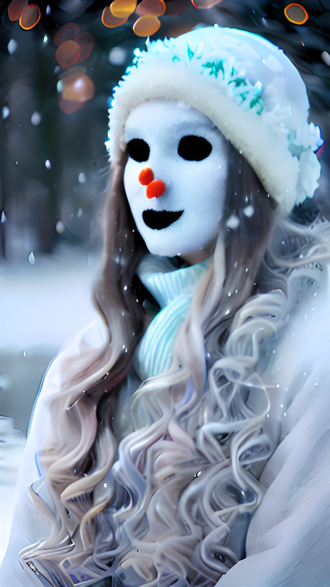 magical transformation, 1 woman, solo, long hair, flowing hair, pale skin, blue eyes, surprised expression, delicate snowflakes, snowfall, snowman transformation, melting, icy tendrils forming, frosty textures, carrot nose, coal eyes, top hat, scarf, mittens, snow-covered landscape, snowy trees, frozen lake, winter storm, moonlit sky, mystical atmo preview