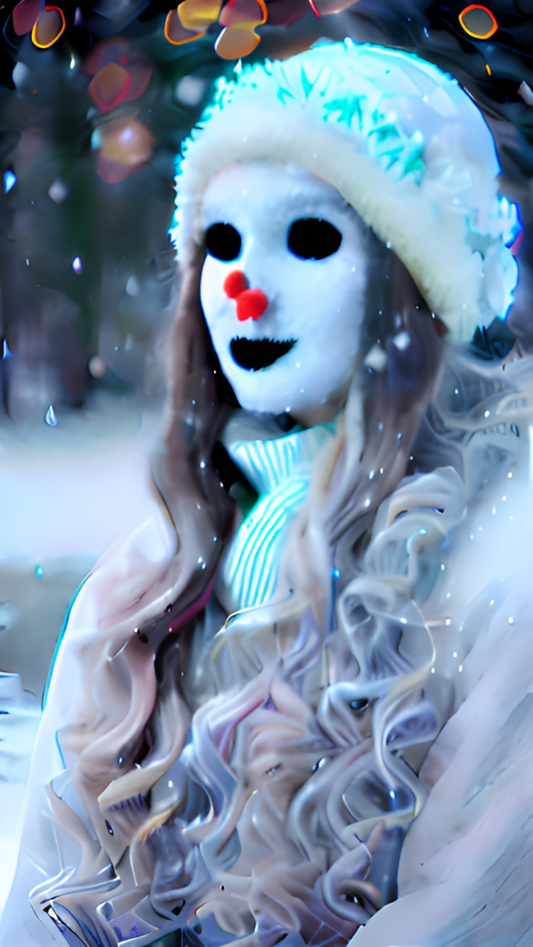 magical transformation, 1 woman, solo, long hair, flowing hair, pale skin, blue eyes, surprised expression, delicate snowflakes, snowfall, snowman transformation, melting, icy tendrils forming, frosty textures, carrot nose, coal eyes, top hat, scarf, mittens, snow-covered landscape, snowy trees, frozen lake, winter storm, moonlit sky, mystical atmo preview