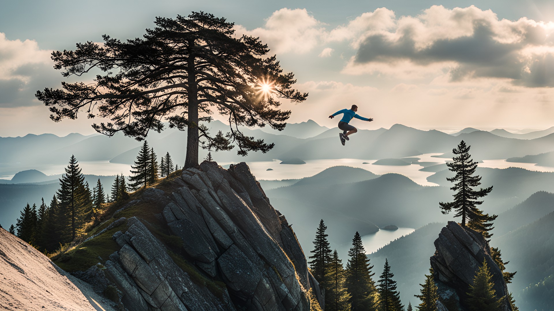 Mounten view - a person kicking supper high on a mounten with lots of trees preview