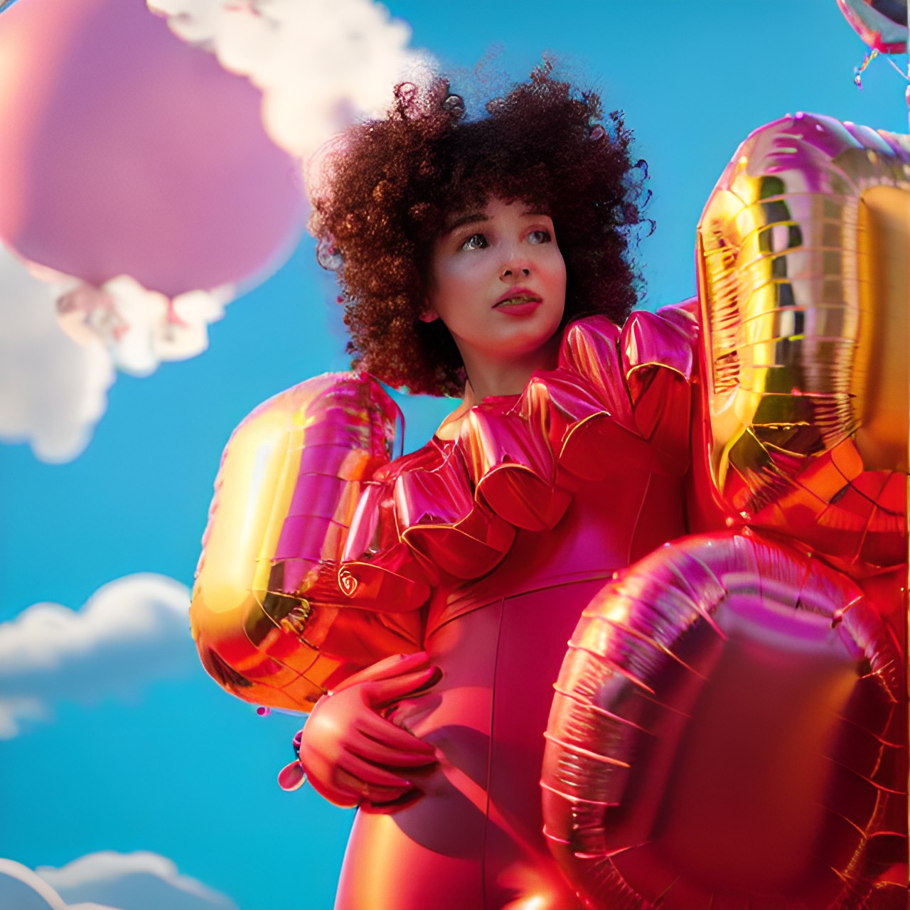 1 woman, solo, expressive face, amazed expression, curly hair, flowing hair, bright red hair, glossy balloon texture, expanding body, balloon limbs, floating hands, strings attached, colorful helium balloons, floating in the air, dreamlike background, clouds, soft lighting, wonder, surprise, whimsical atmosphere preview