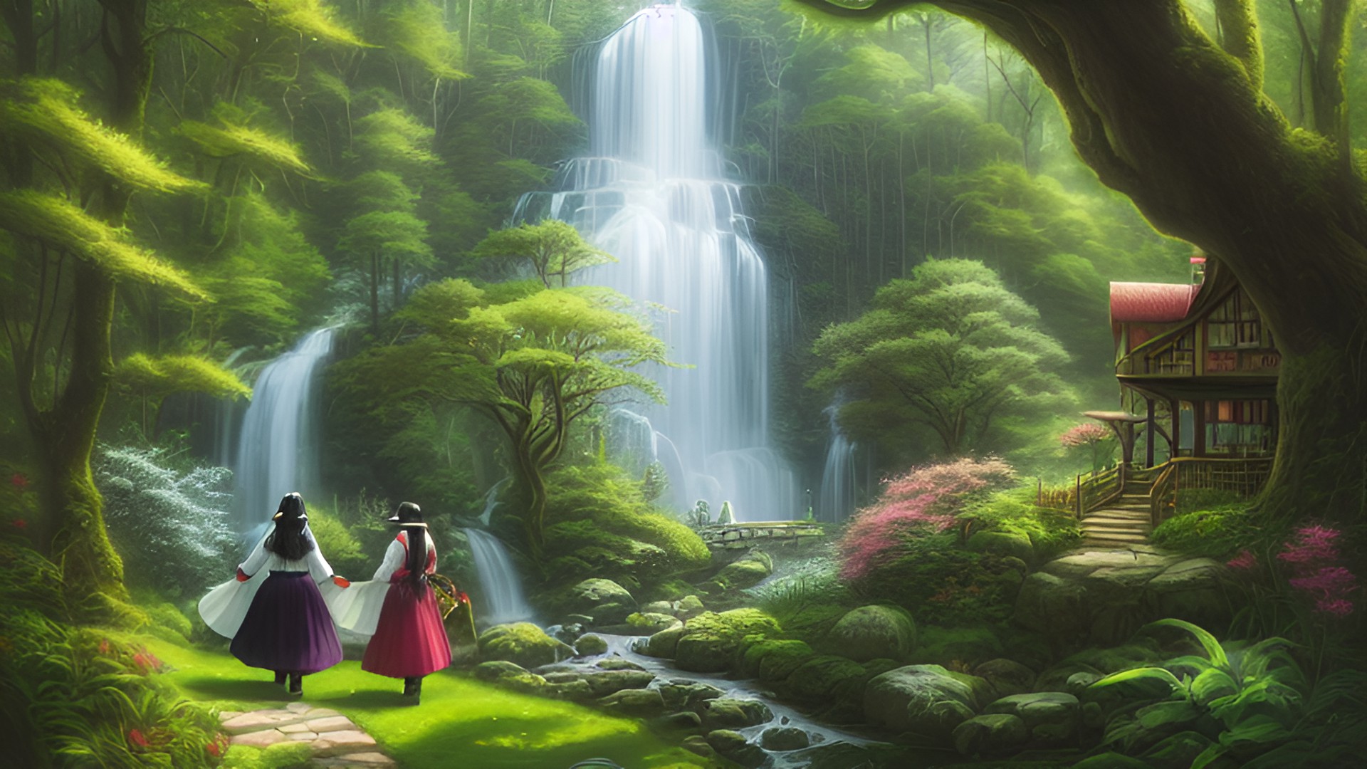 They lived happily - two women, with long black hair, the other woman has blonde hair, are returning to their forest after being separated from each but now reunited in love. they find magic powers within each other now,manifesting giant whimsical trees of all colors,a cottagecore style witchy home. there is a waterfall nearby. preview