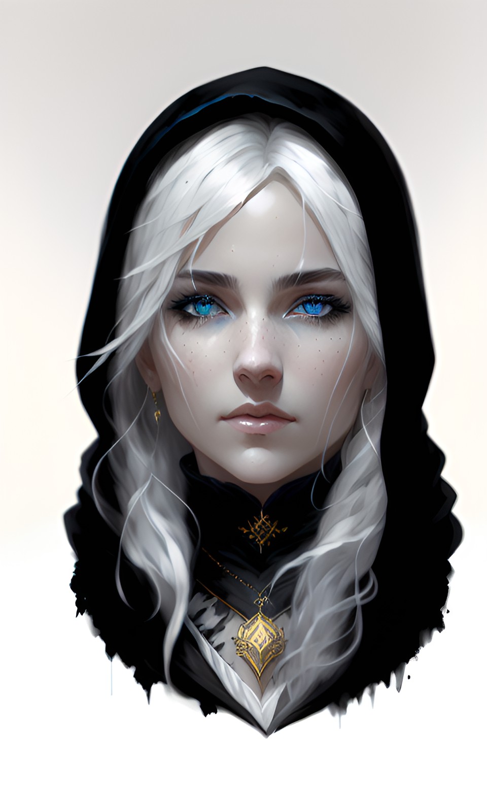 Maya - blue eyes, white hair,desaturated-hues, black cloak, gold heart shaped locket, preview