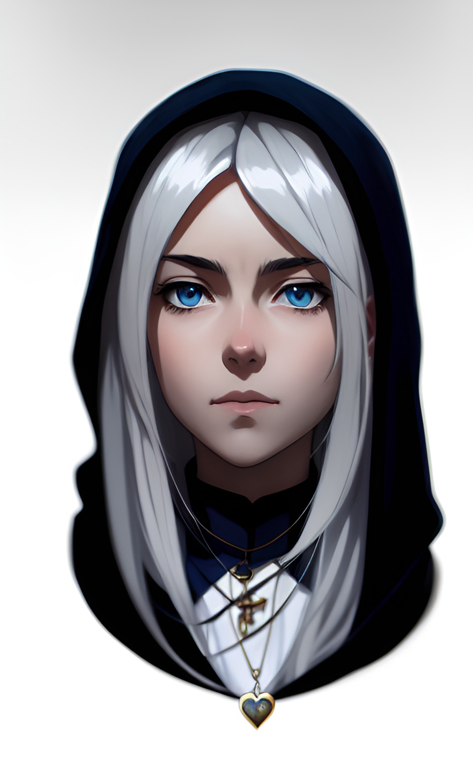 Maya - blue eyes, white hair,desaturated-hues, black cloak, gold heart shaped locket, preview