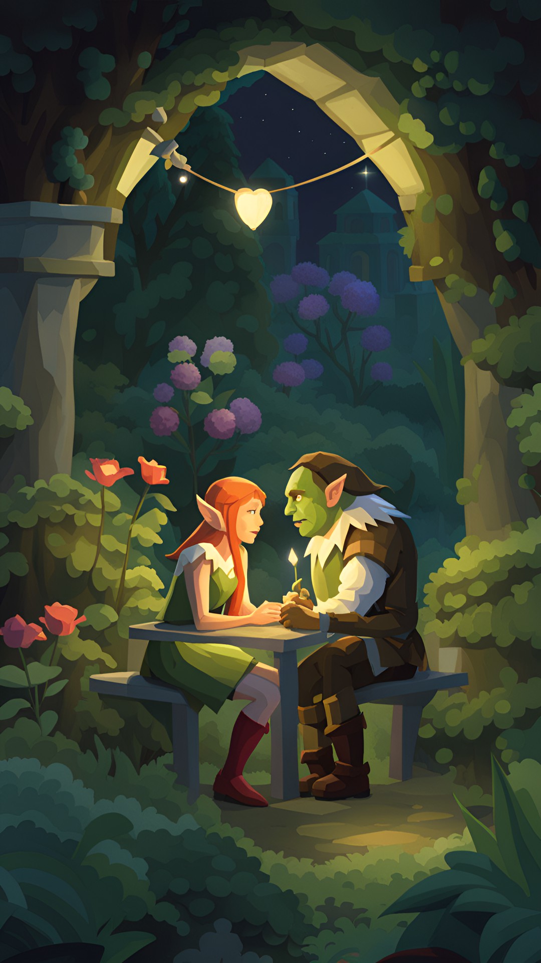 elf and ogre in love having a secret rendezvous in a garden at midnight, low-polygon rpg, circa 2009 preview