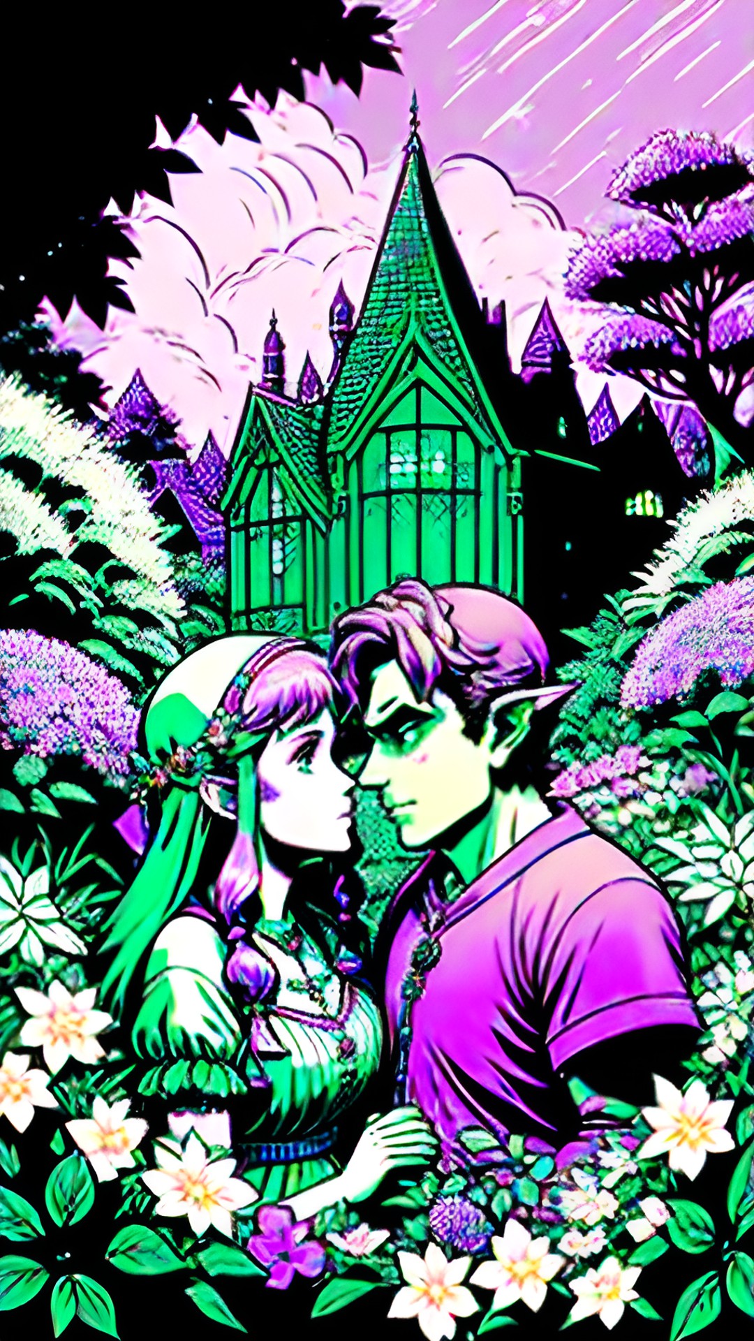 elf and ogre in love having a secret rendezvous in a garden at midnight, low-polygon rpg, circa 2009 preview