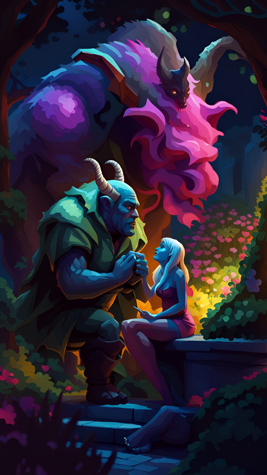 elf and ogre in love having a secret rendezvous in a garden at midnight, low-polygon rpg, circa 2009 preview