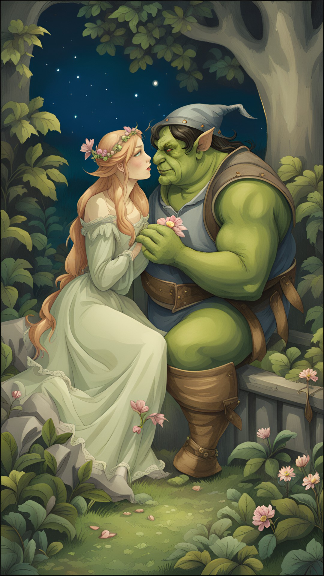 elf and ogre in love having a secret rendezvous in a garden at midnight, romantic and tragic preview