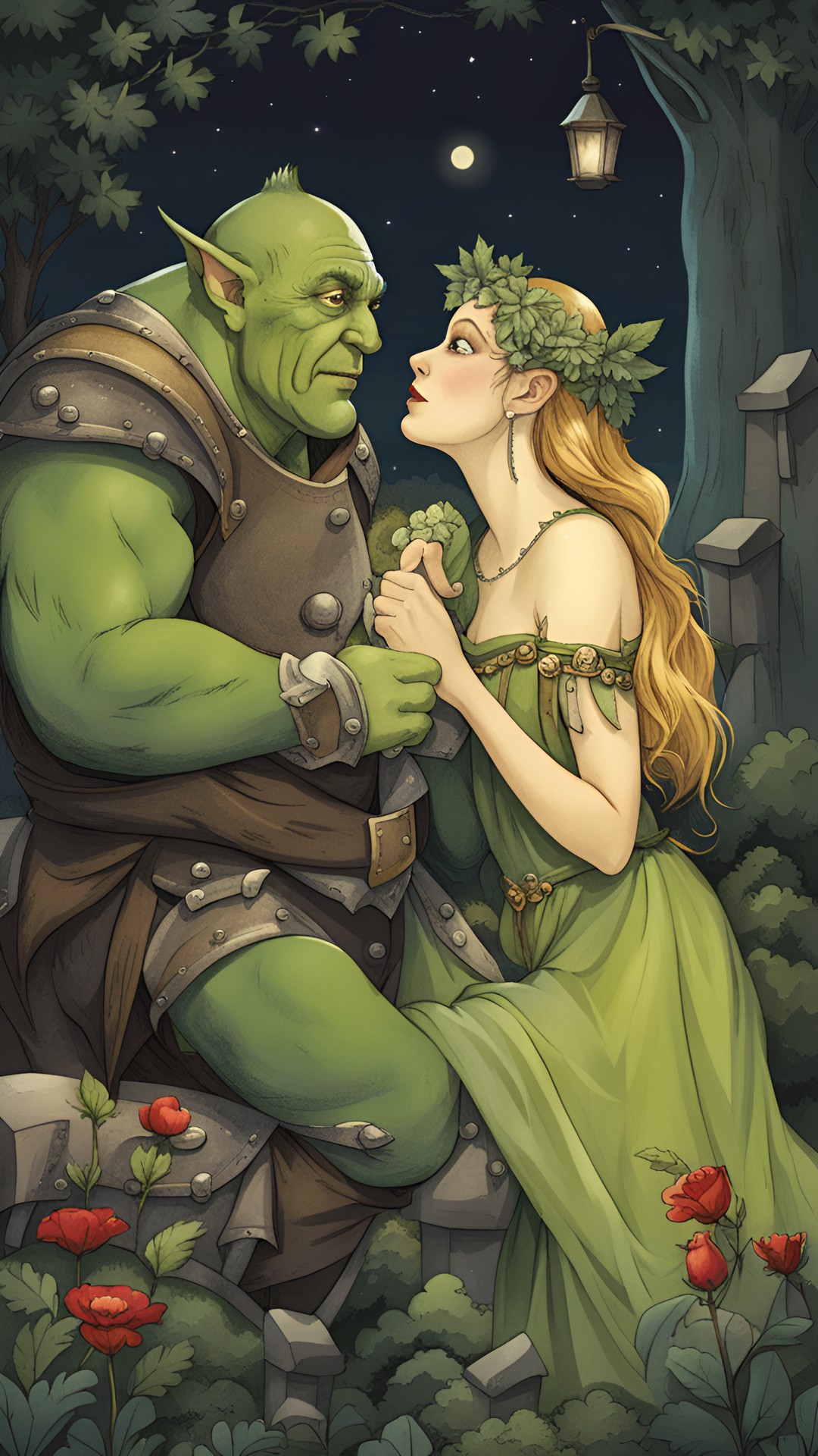 elf and ogre in love having a secret rendezvous in a garden at midnight, romantic and tragic preview