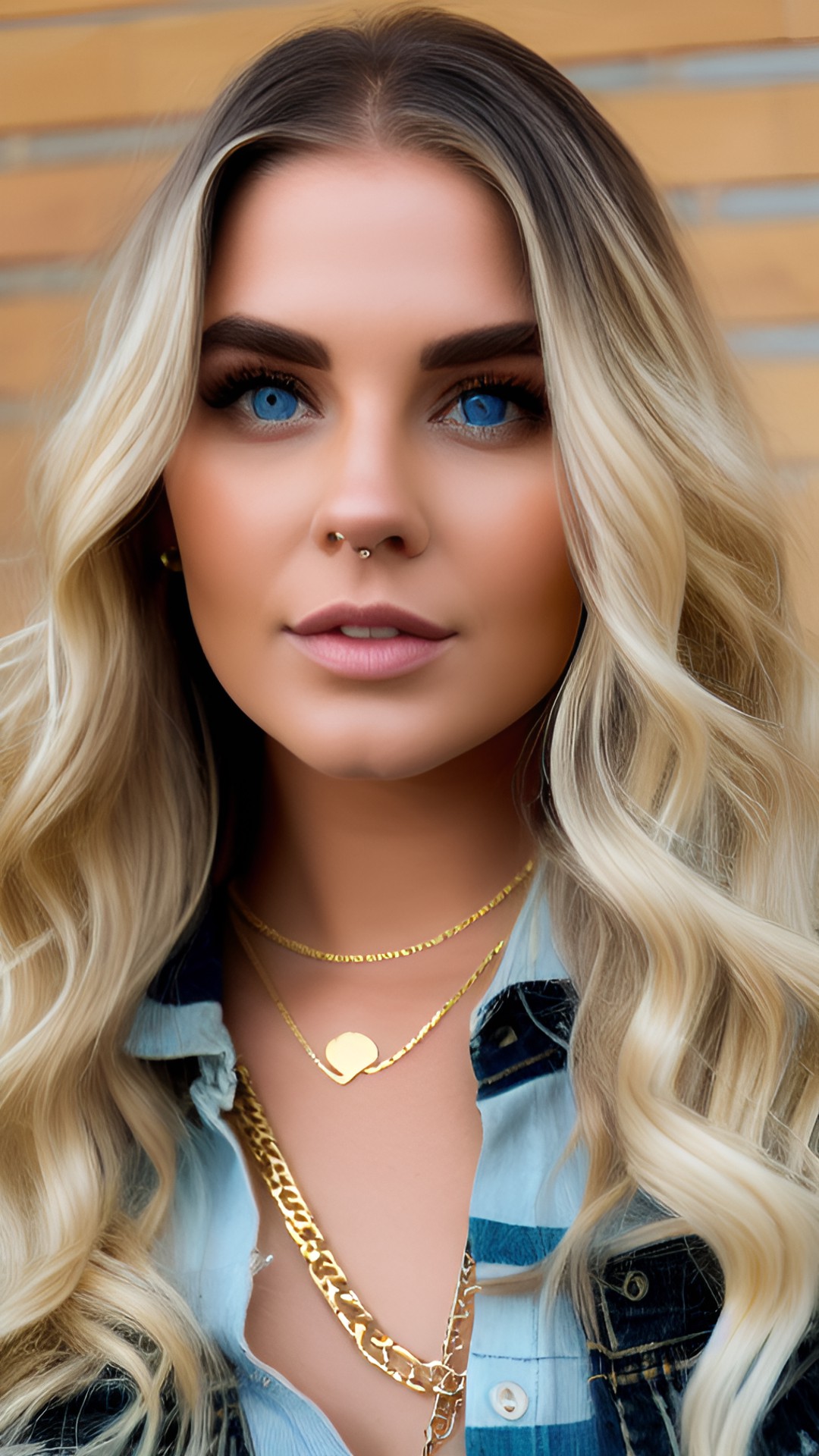 long blonde hair. blue eyes. gold hoop nose ring. gold necklace. preview