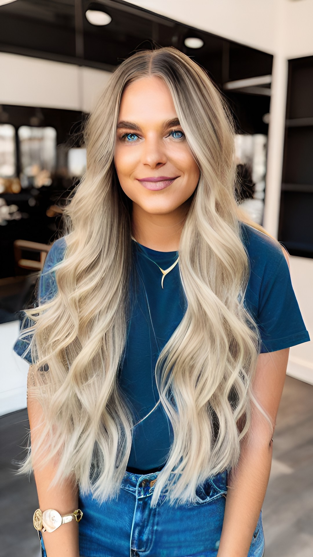 neutral aesthetic  style. long blonde wavy hair middle part. blue eyes. gold nose ring. preview