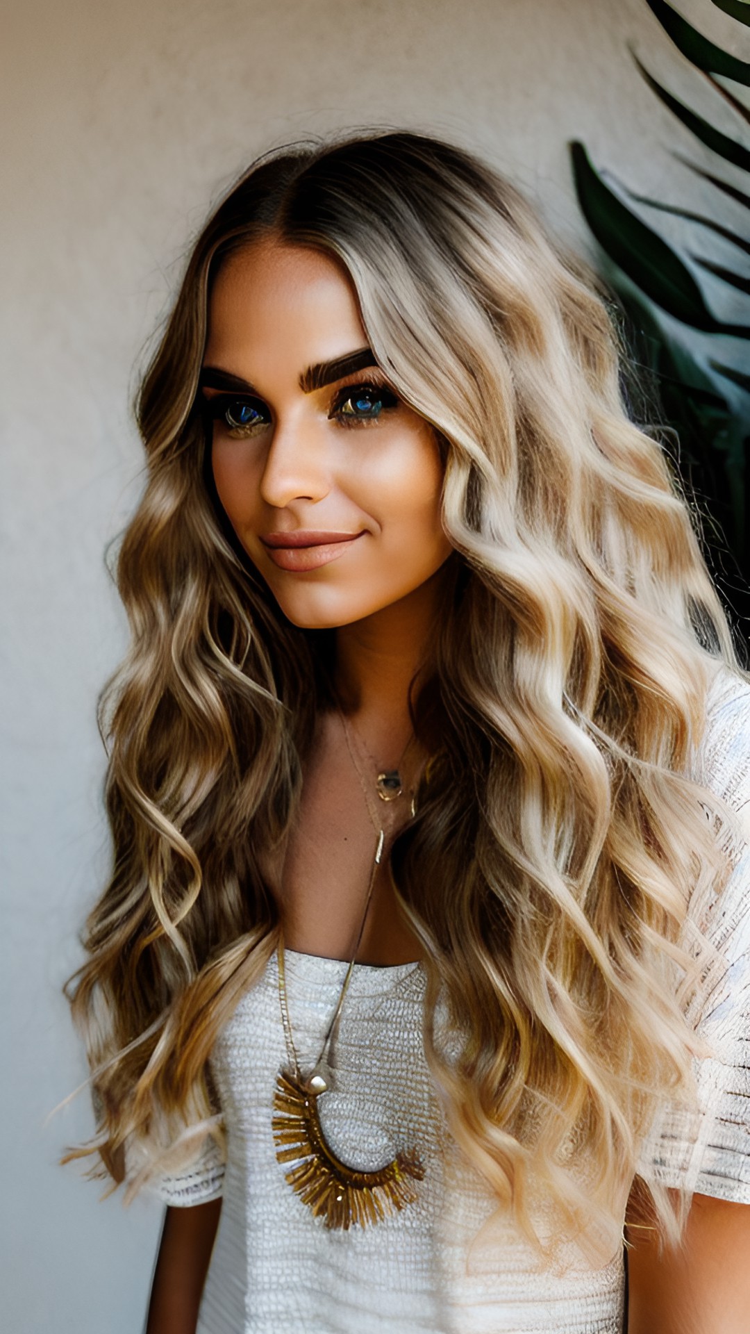 light makeup blonde long beach waves hair gold nose ring blue eyes neutral clothes bohemian style preview