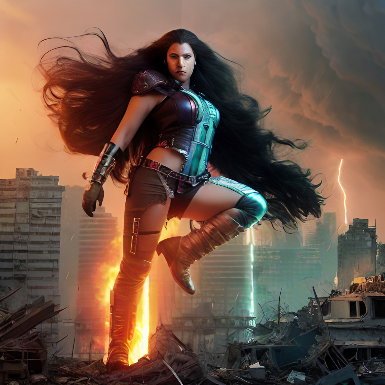 1 gigantic woman, solo, powerful, fierce expression, long flowing hair, red hair, glowing eyes, destructive aura, torn and tattered clothing, powerful stance, city in ruins, crumbling buildings, smoke and debris, fire and explosions, devastated landscape, terrified citizens fleeing, bright, apocalyptic sky, dark clouds and lightning, raining embers preview