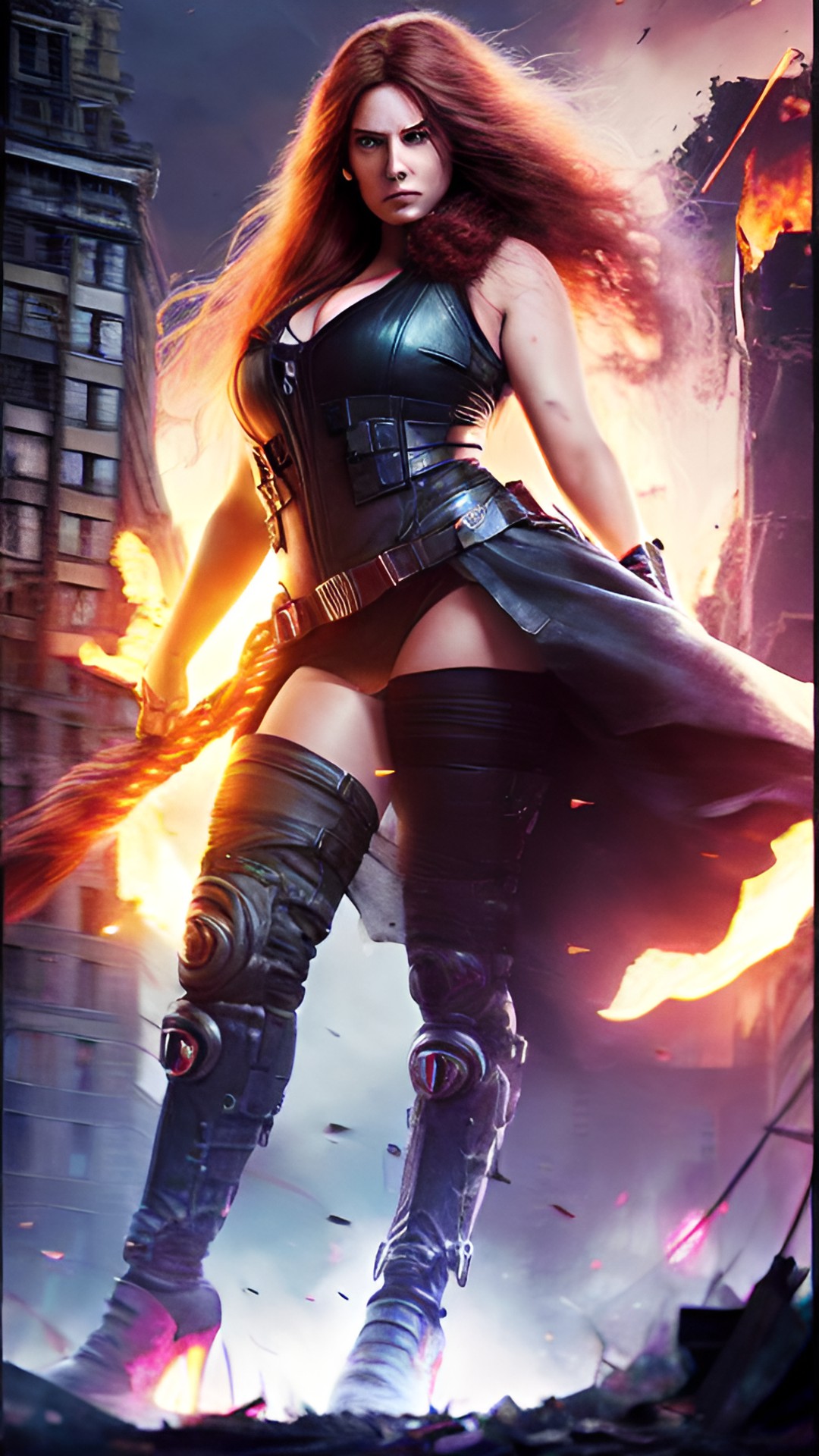 1 gigantic woman, solo, powerful, fierce expression, long flowing hair, red hair, glowing eyes, destructive aura, torn and tattered clothing, powerful stance, city in ruins, crumbling buildings, smoke and debris, fire and explosions, devastated landscape, terrified citizens fleeing, bright, apocalyptic sky, dark clouds and lightning, raining embers preview