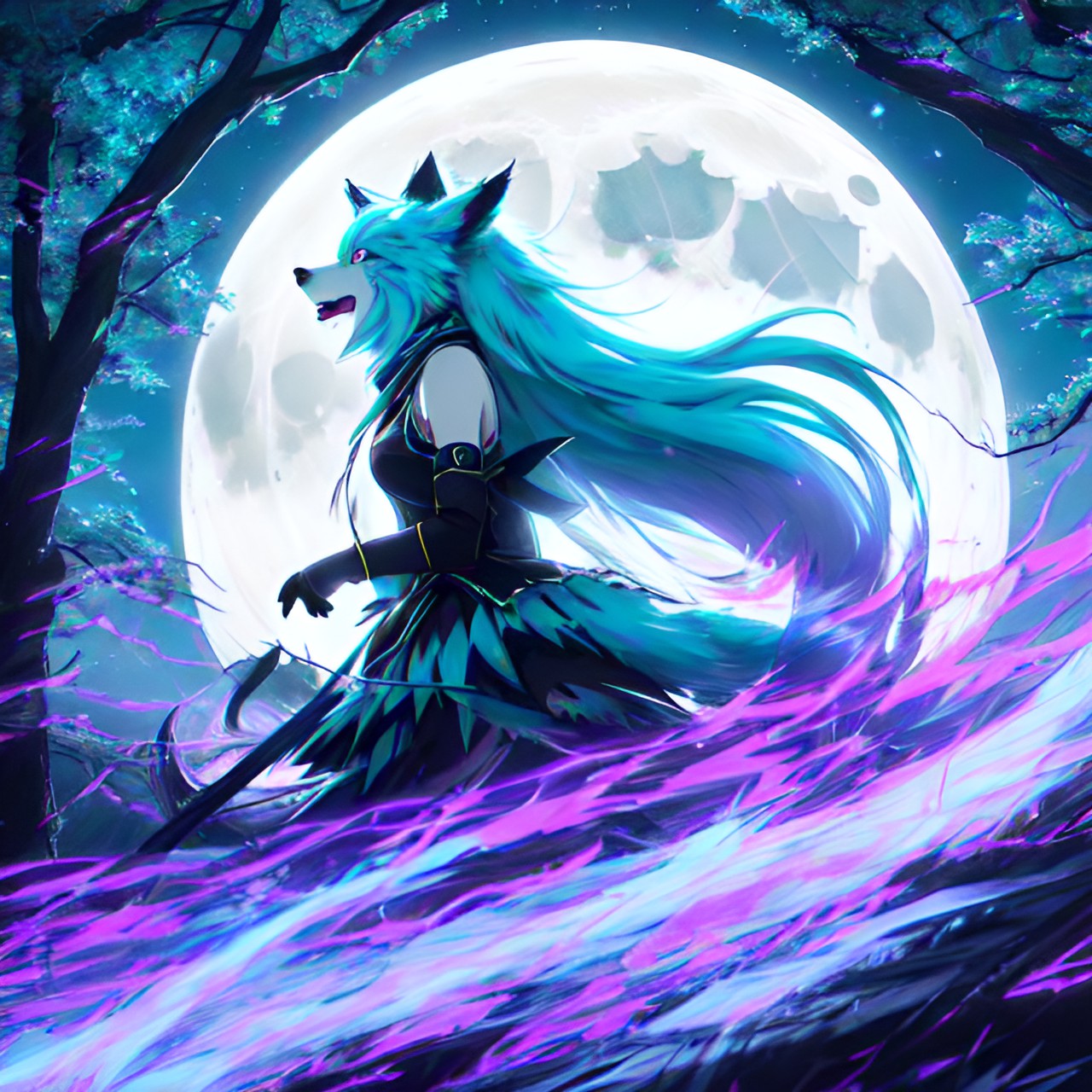 hatsune miku, werewolf transformation, intense expression, long flowing hair, turquoise hair, glowing blue eyes, wolf ears, wolf tail, werewolf fangs, claws, torn clothes, moonlit forest background, dense trees, full moon, dramatic lighting, misty atmosphere, howling sound effects, energetic brushstrokes, bold shadows, moonlight illum preview