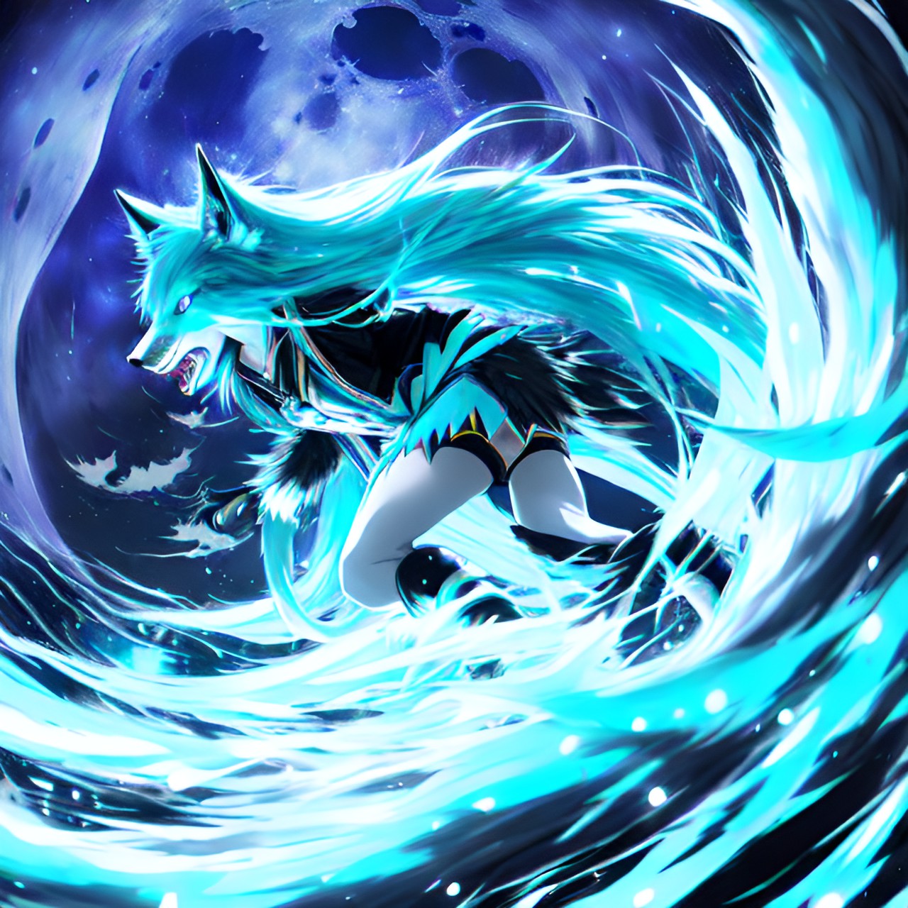 hatsune miku, werewolf transformation, intense expression, long flowing hair, turquoise hair, glowing blue eyes, wolf ears, wolf tail, werewolf fangs, claws, torn clothes, moonlit forest background, dense trees, full moon, dramatic lighting, misty atmosphere, howling sound effects, energetic brushstrokes, bold shadows, moonlight illum preview