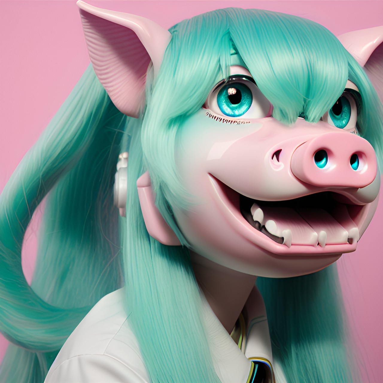 hatsune miku, pig transformation, cute pig, kawaii, pink pig, turquoise hair, cute pig nose and ears, surprised expression preview