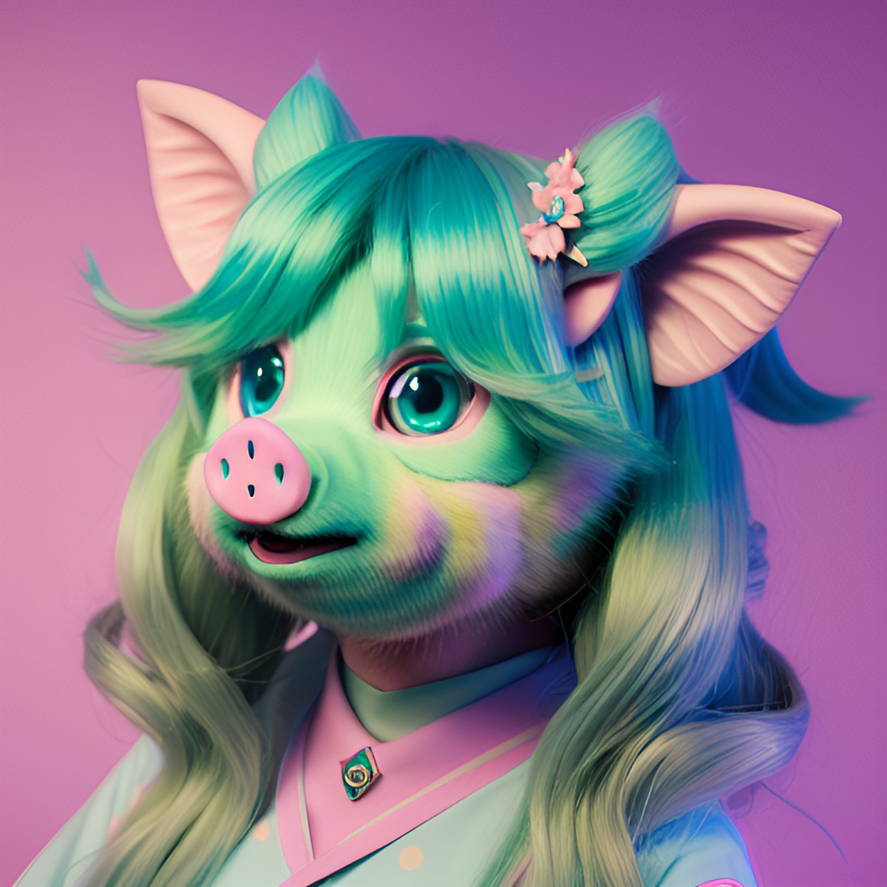 hatsune miku, pig transformation, cute pig, kawaii, pink pig, turquoise hair, cute pig nose and ears, surprised expression preview