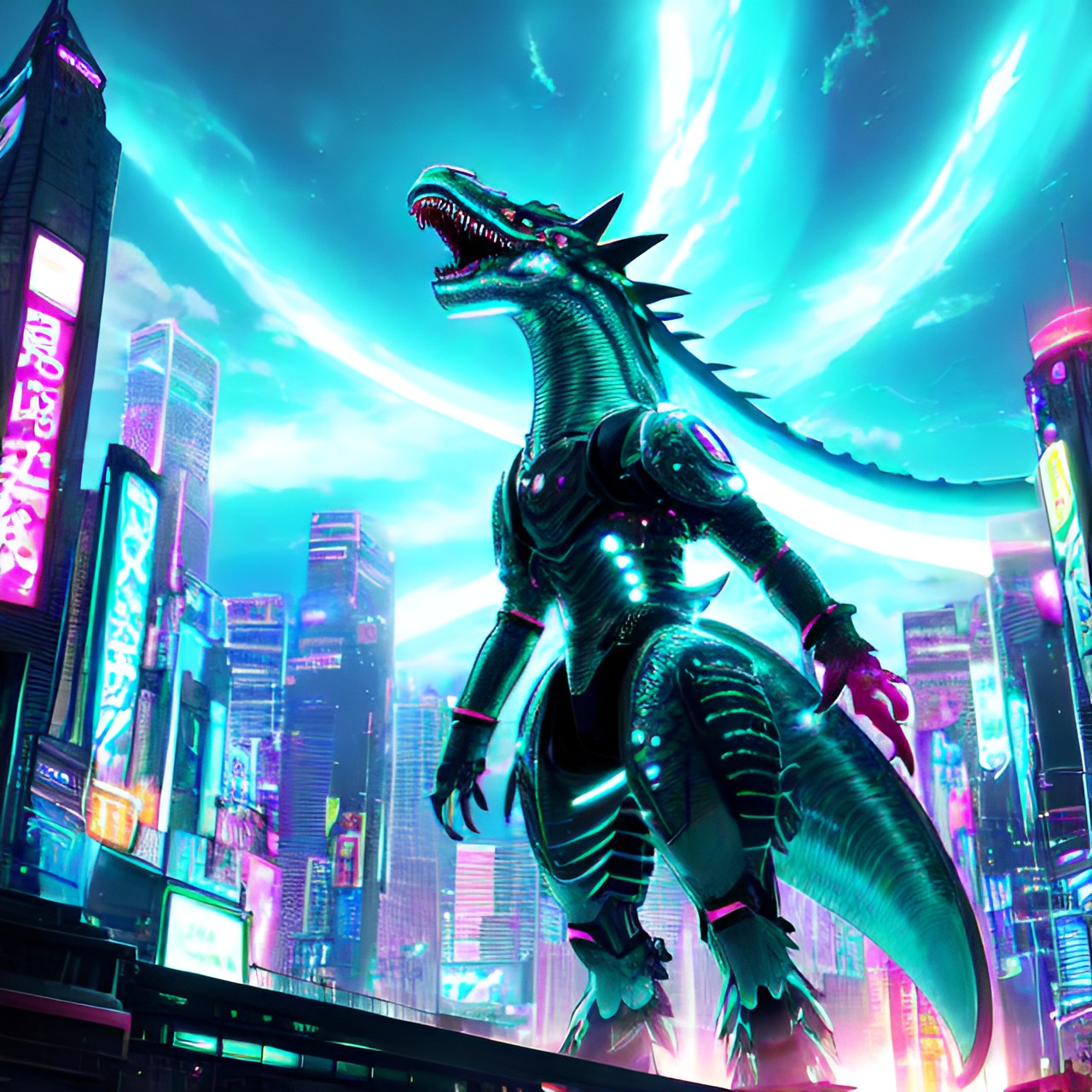 hatsune miku, transforming, dinosaur, futuristic city skyline, glowing neon lights, bustling streets, amazed onlookers, mid-transformation, partially humanoid, partially dinosaur features, scales, tail, sharp claws, expressive eyes, open-mouthed singing, cityscape in the background, crowd gathering, concert-like atmosphere,dramatic lighting, clouds preview