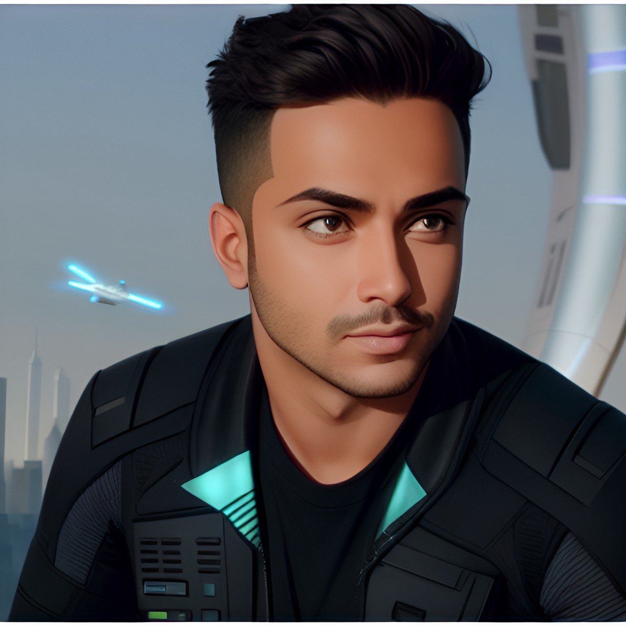 Futuristic soldier - sci-fi background, futuristic, flying cars, lasers, laser beams, robots, ai, futuristic roads and highways - sci-fi background, with a city in the distance. in the foreground, there are flying cars, handsome hispanic latino man, brown eyes preview