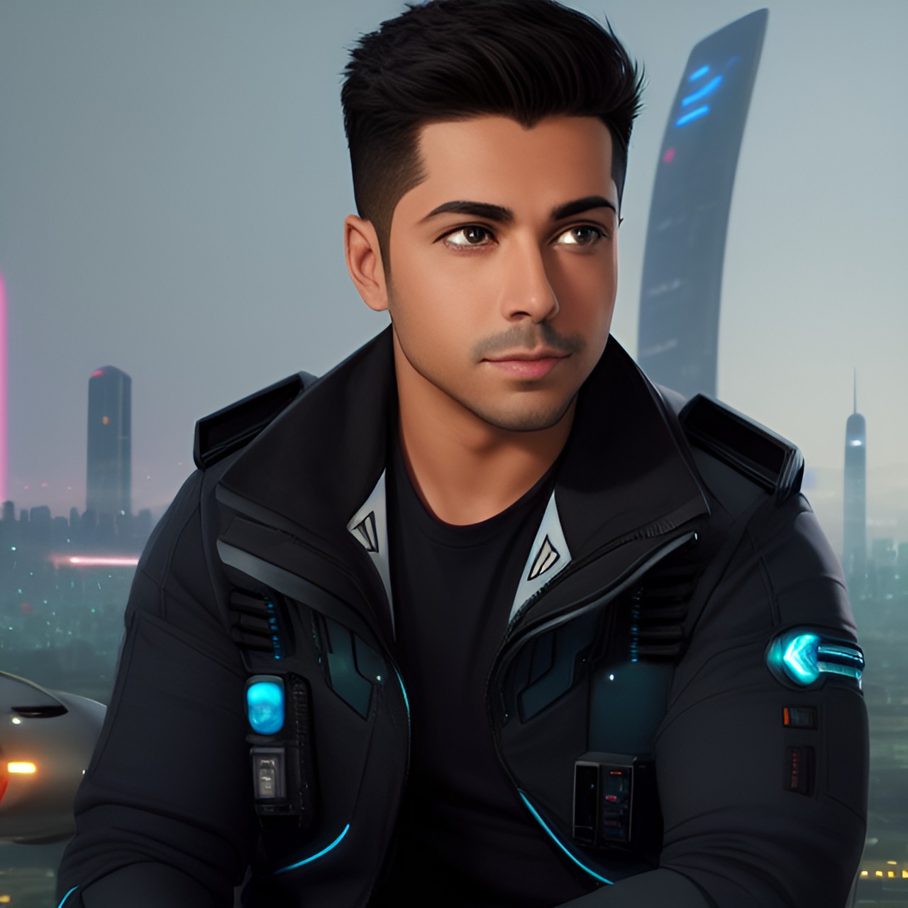 Futuristic Pilot - sci-fi background, futuristic, flying cars,  lasers, laser beams,  robots, ai, futuristic roads and highways - sci-fi background, with a city in the distance. in the foreground, there are flying cars, handsome hispanic latino man, brown eyes, pilot preview