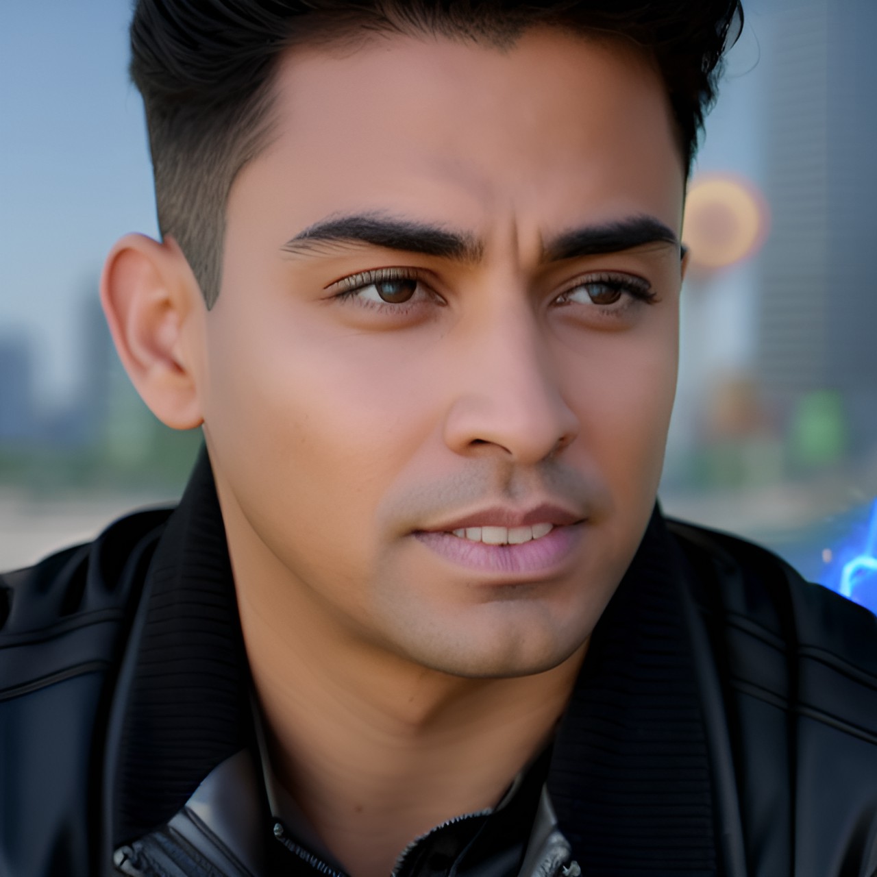 Futuristic Pilot - sci-fi background, futuristic, flying cars,  lasers, laser beams,  robots, ai, futuristic roads and highways - sci-fi background, with a city in the distance. in the foreground, there are flying cars, handsome hispanic latino man, brown eyes, pilot preview