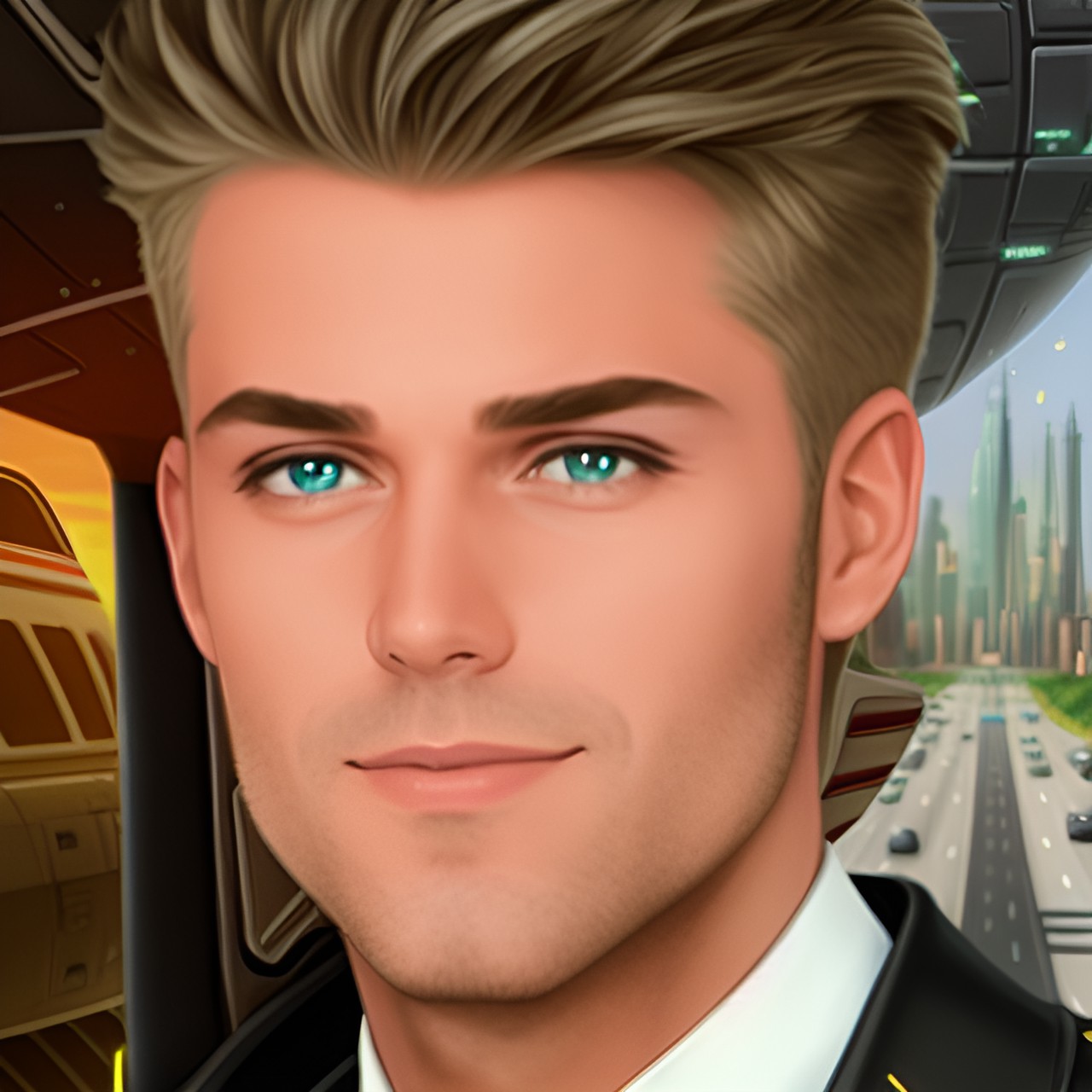 Wyatt - sci-fi background, futuristic, flying cars,  lasers, laser beams,  robots, ai, futuristic roads and highways - sci-fi background, with a city in the distance. in the foreground, there are flying cars, handsome blonde haired man, soldier, green eyes preview