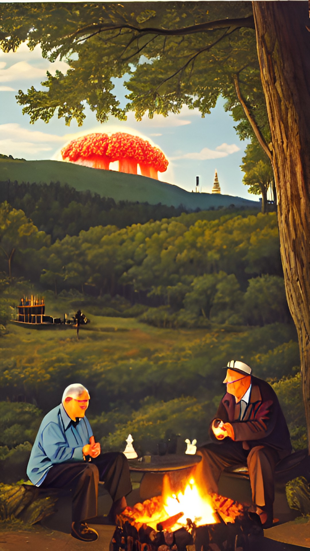 last day event - two old men playing chess by the bonfire in the forest. nuclear exploding in background preview