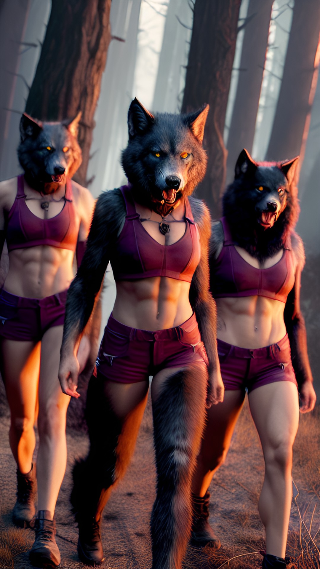 three women, becoming werewolves, fierce expressions, intense eyes, fur-covered bodies, sharp claws, powerful muscles, howling at the moon, moonlit forest, eerie atmosphere, glowing eyes in the darkness, shredded clothing preview