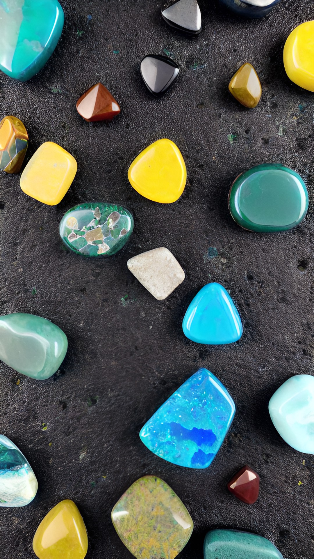 many tumbled blue chrysocolla stones and tumbled yellow agates piled side by side on a black sand background surface preview