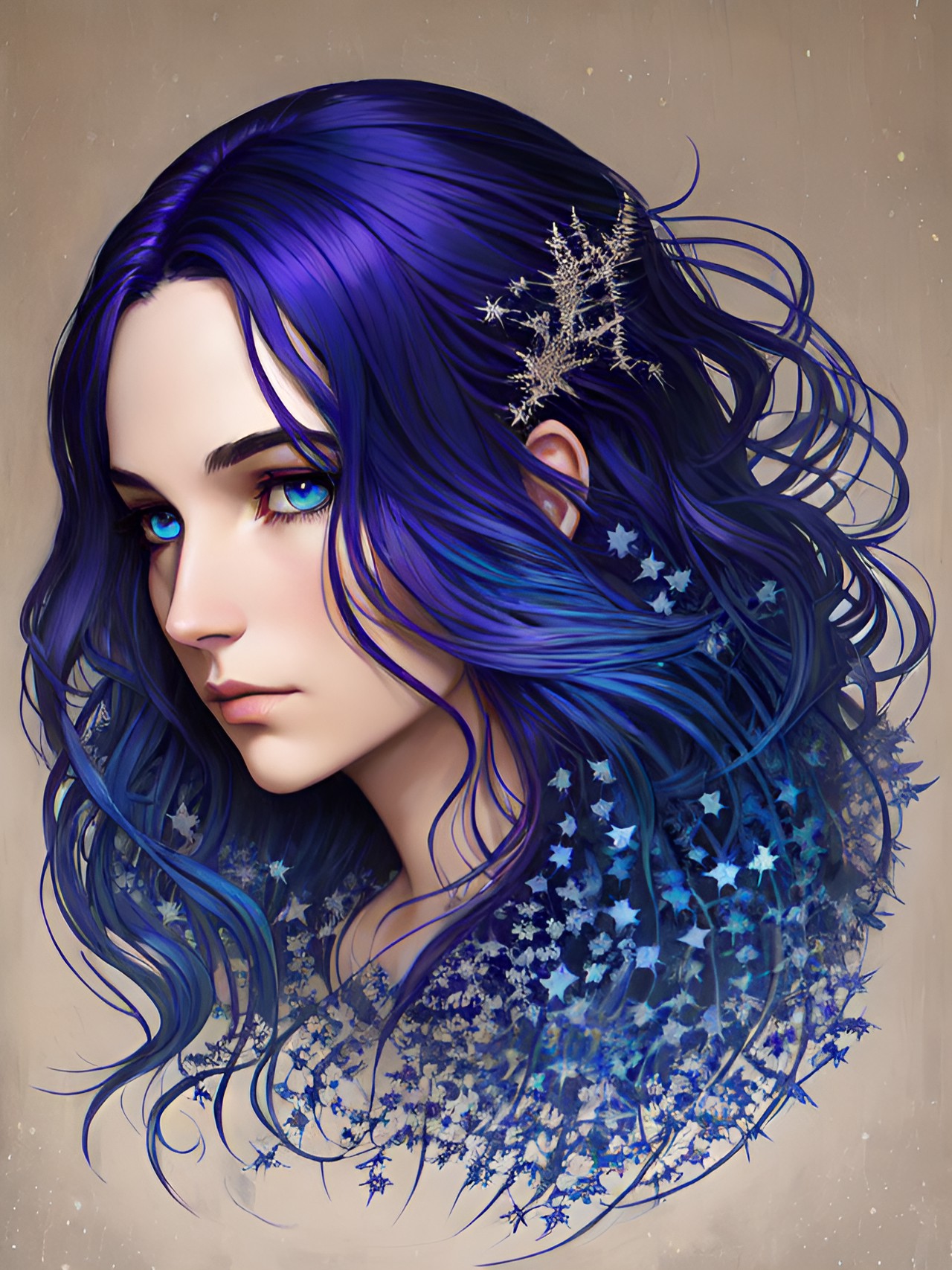 indigo, blue, white and purple hair. long wavy hair. siren. black. white. fern. stars. preview